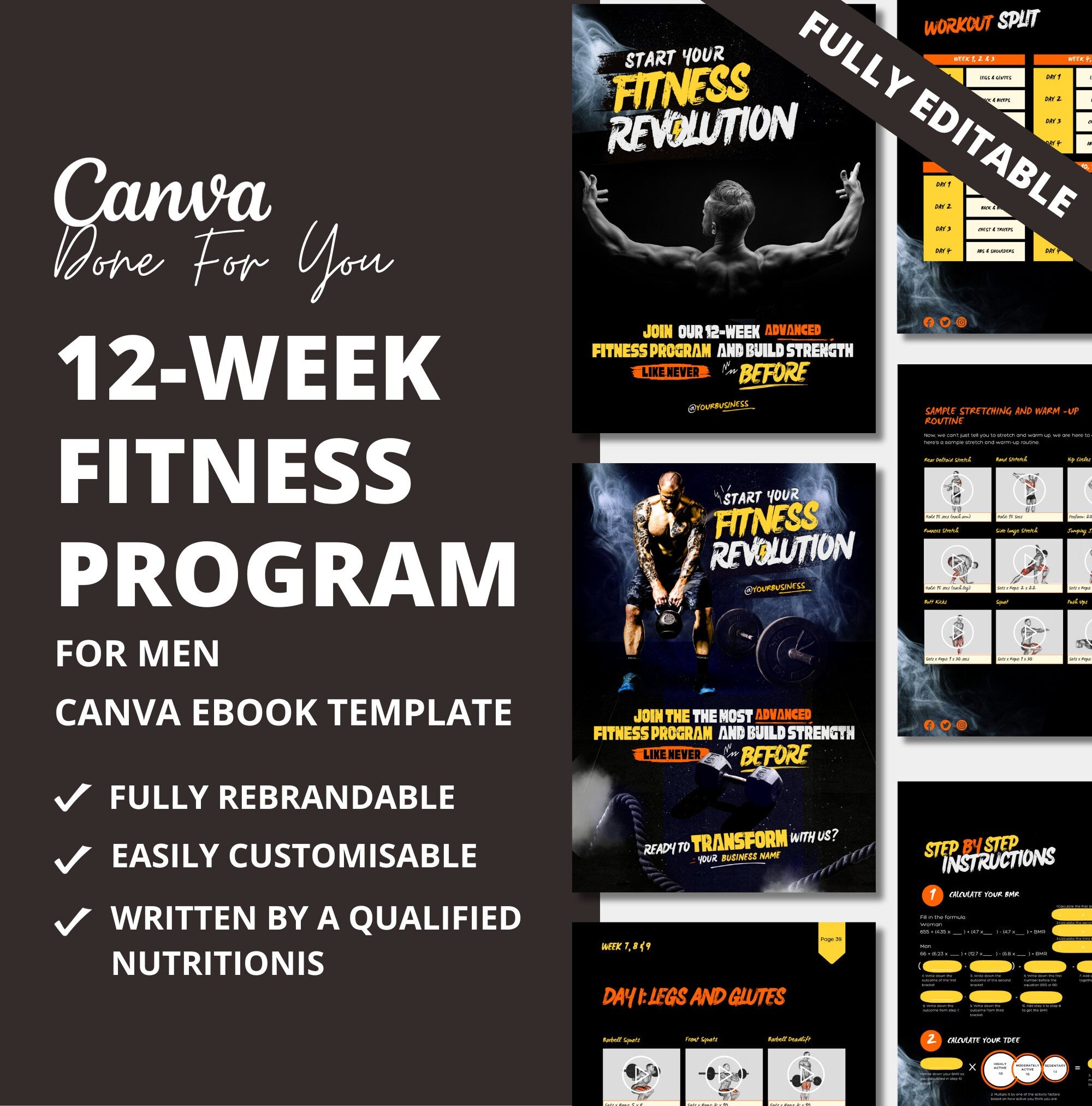 12-week Fitness Program for Men, PLR Digital Product, Canva Fitness Template