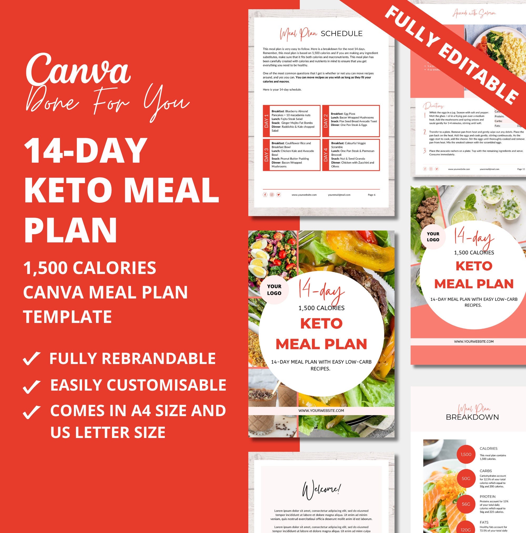 14-day Keto Meal Plan Template, 1,500 calories,  PLR Digital Product