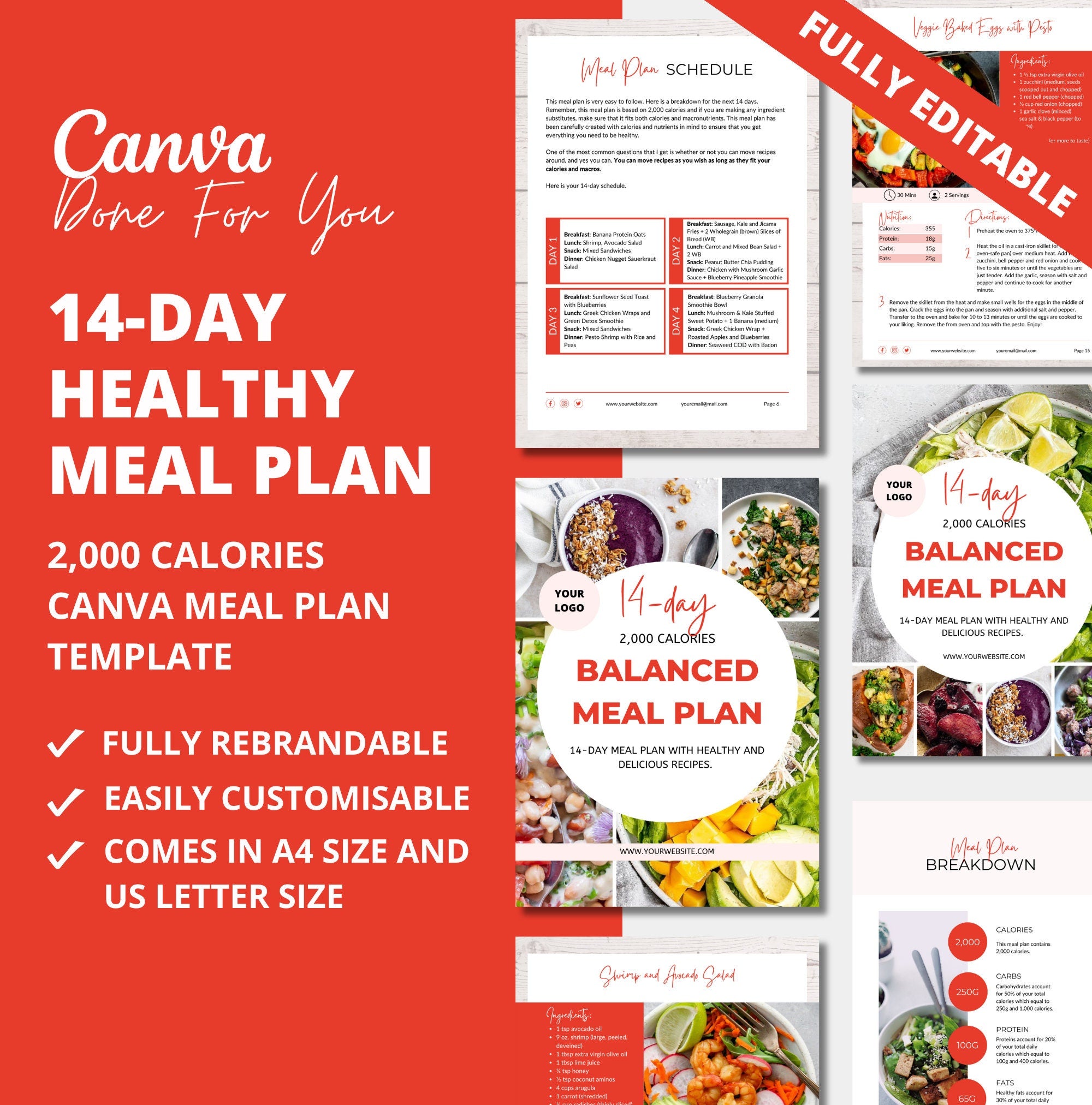 14-day Meal Plan Template, 2,000 calories, PLR Digital Product