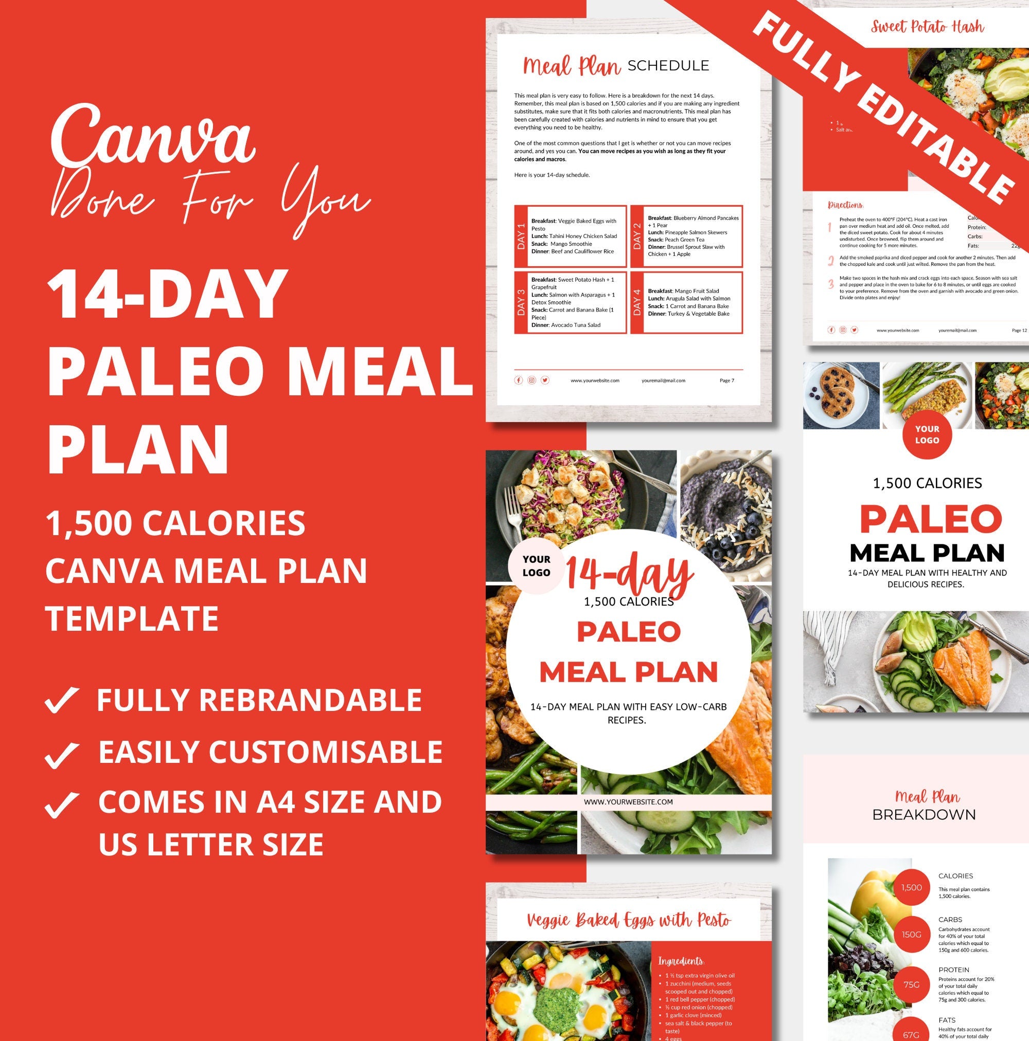 14-day PALEO Meal Plan Template , 1,500 calories, PLR Digital Product
