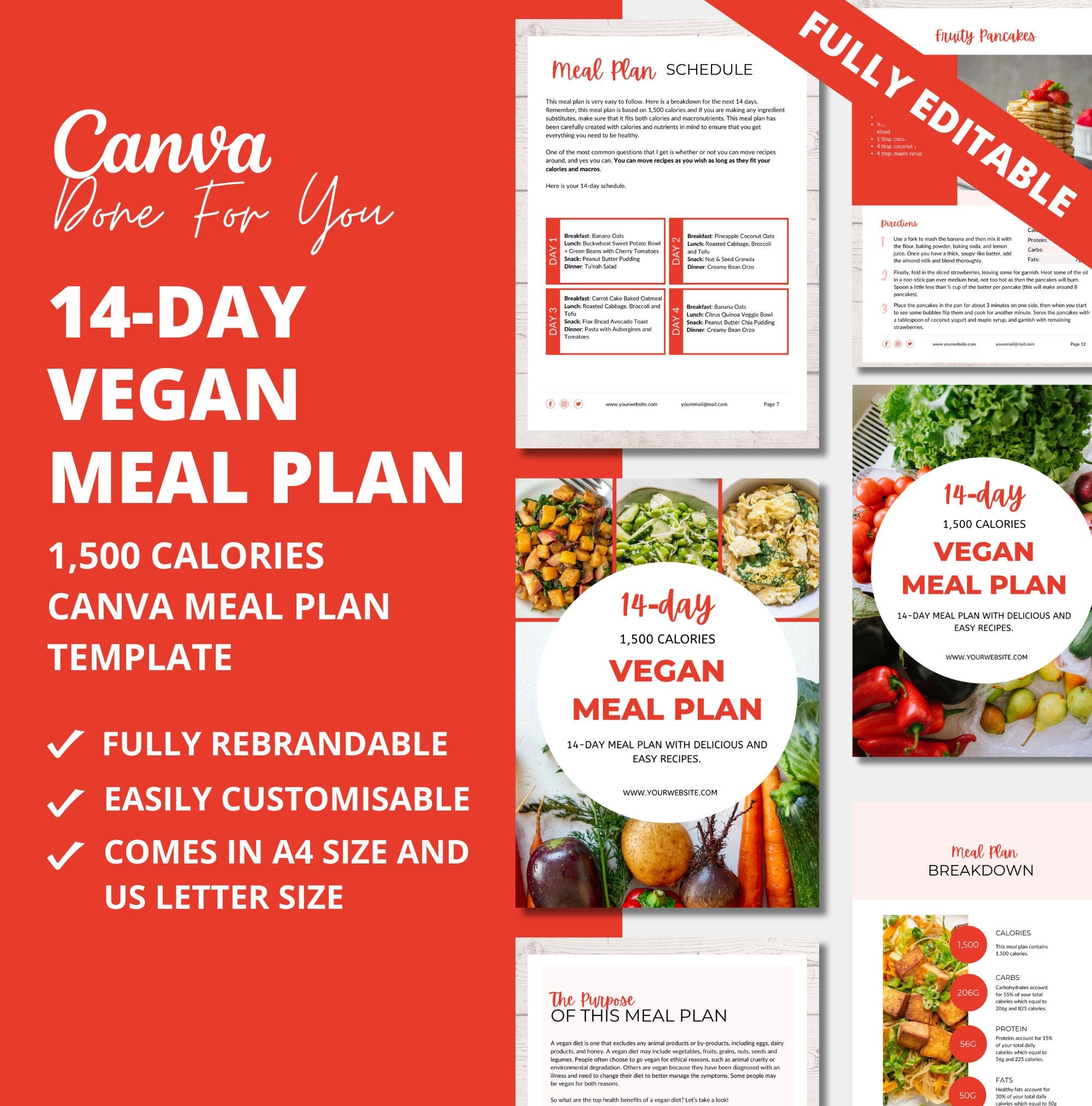 14-day Vegan Meal Plan Template, 1,500 calories, PLR Digital Product