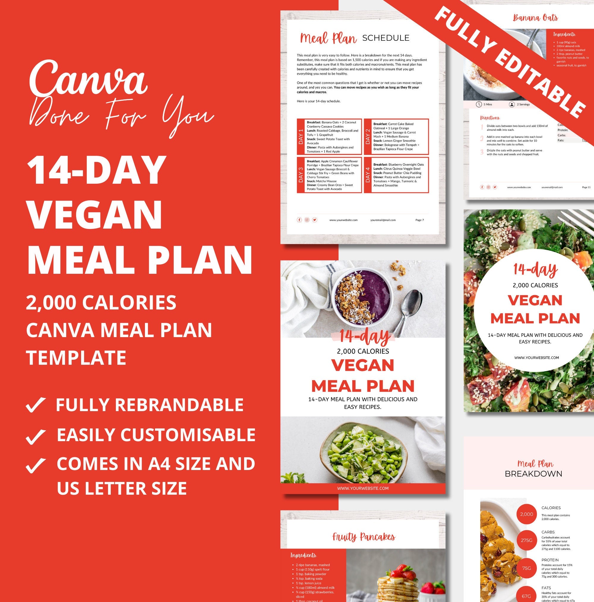 14-day Vegan Meal Plan Template,  2,000 calories, PLR Digital Product