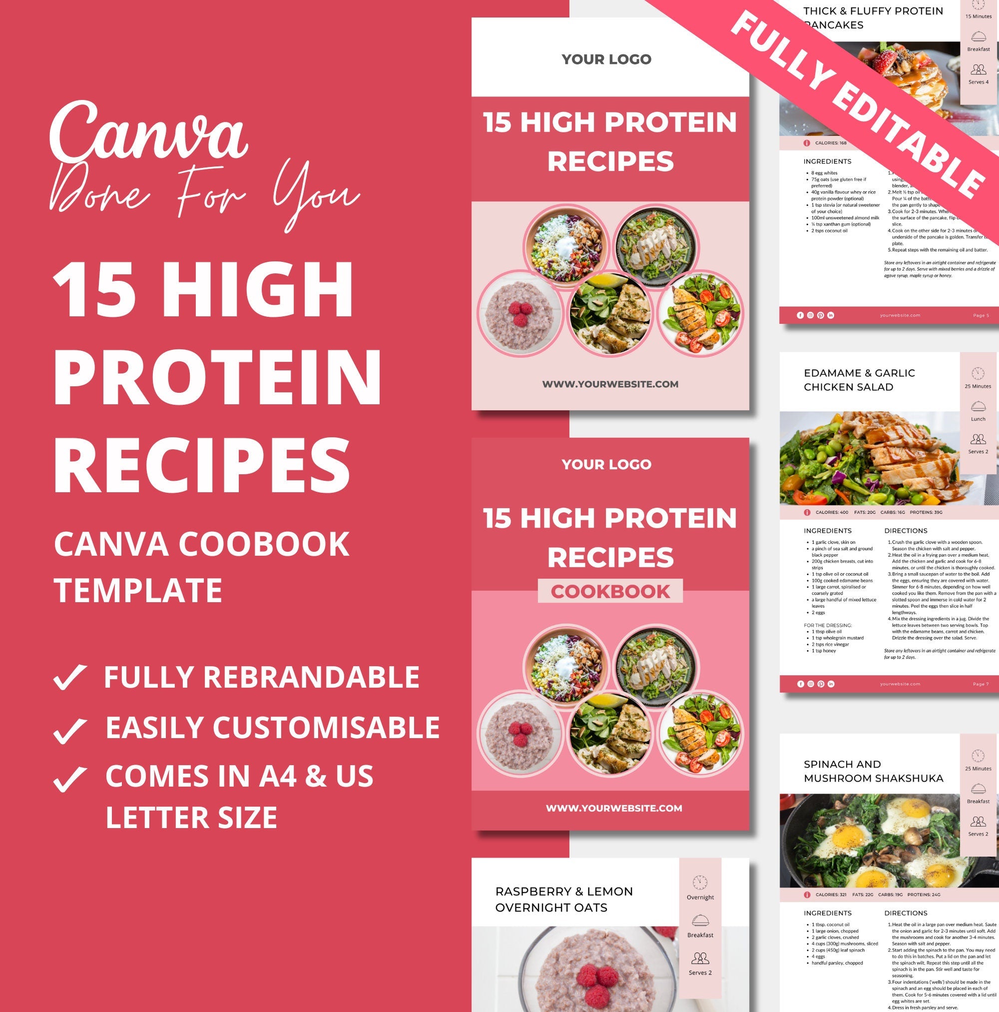 15 High Protein Recipes, PLR Digital Product, Canva Cookbook Template
