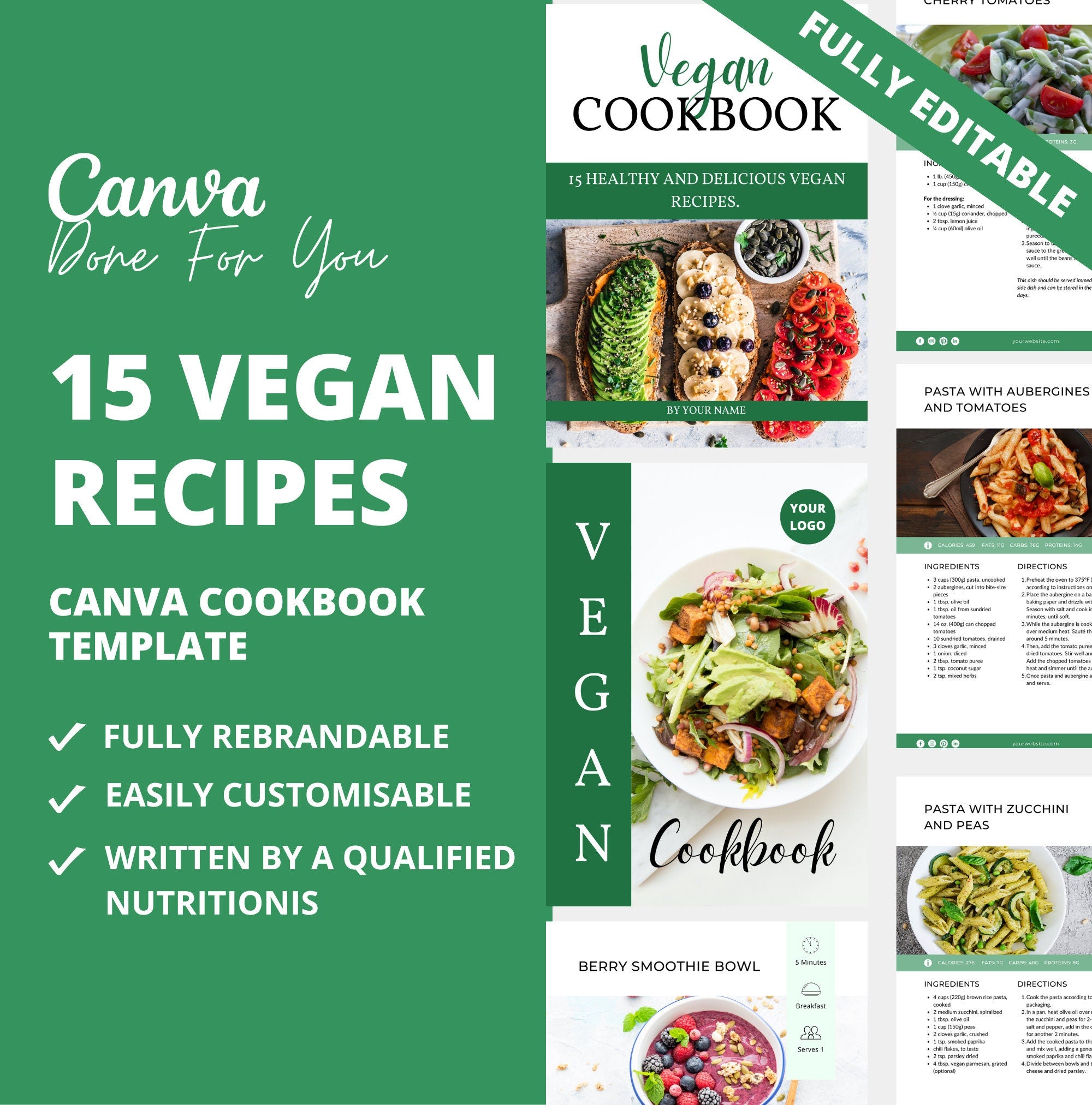 15 Vegan recipes, PLR Digital Product, Canva Cookbook Template