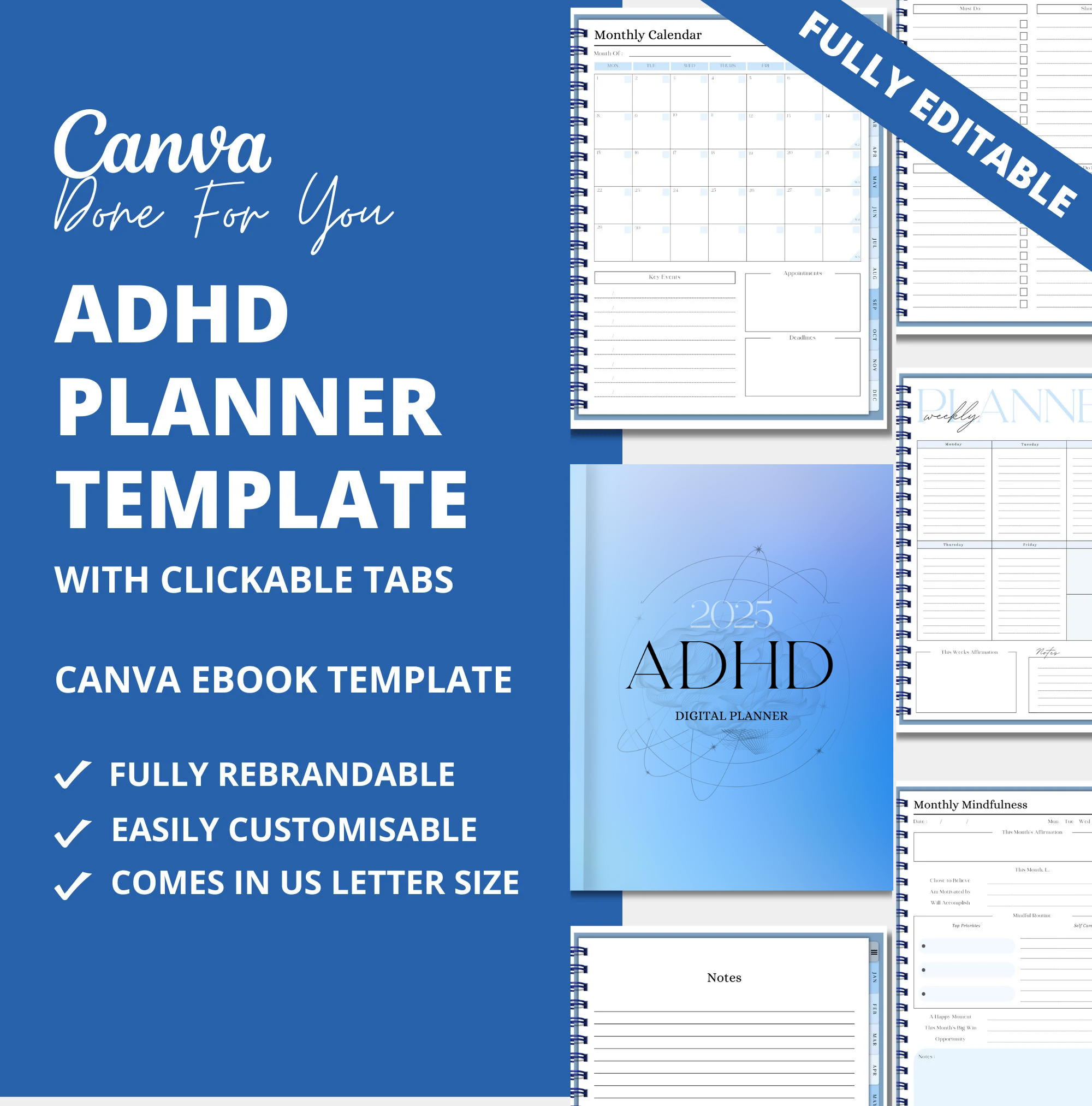 2025 ADHD Planner Template, PLR Digital Product, Canva Planner Template