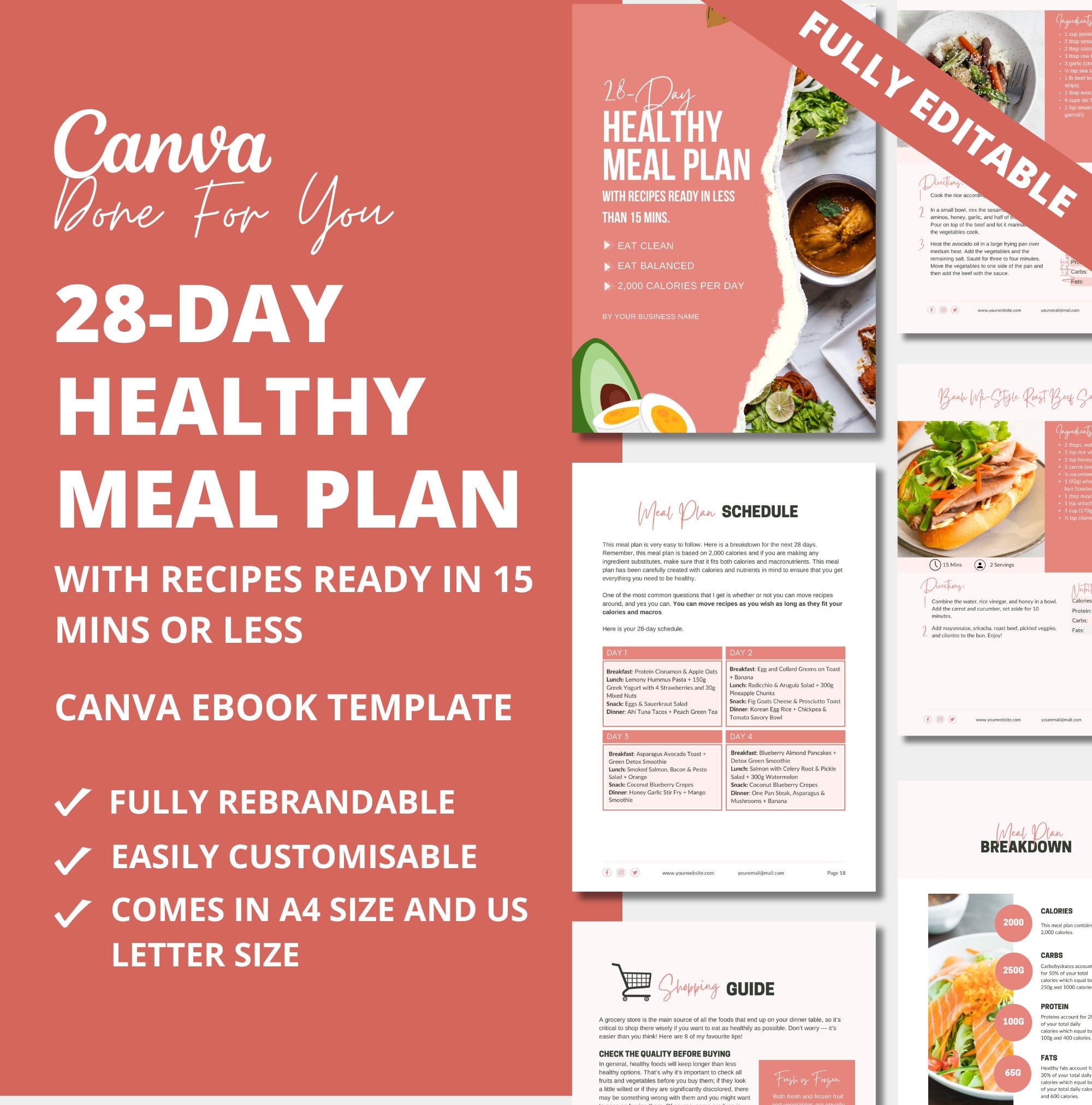28-Day Healthy Meal Plan, PLR Digital Product, Canva Meal Plan Template