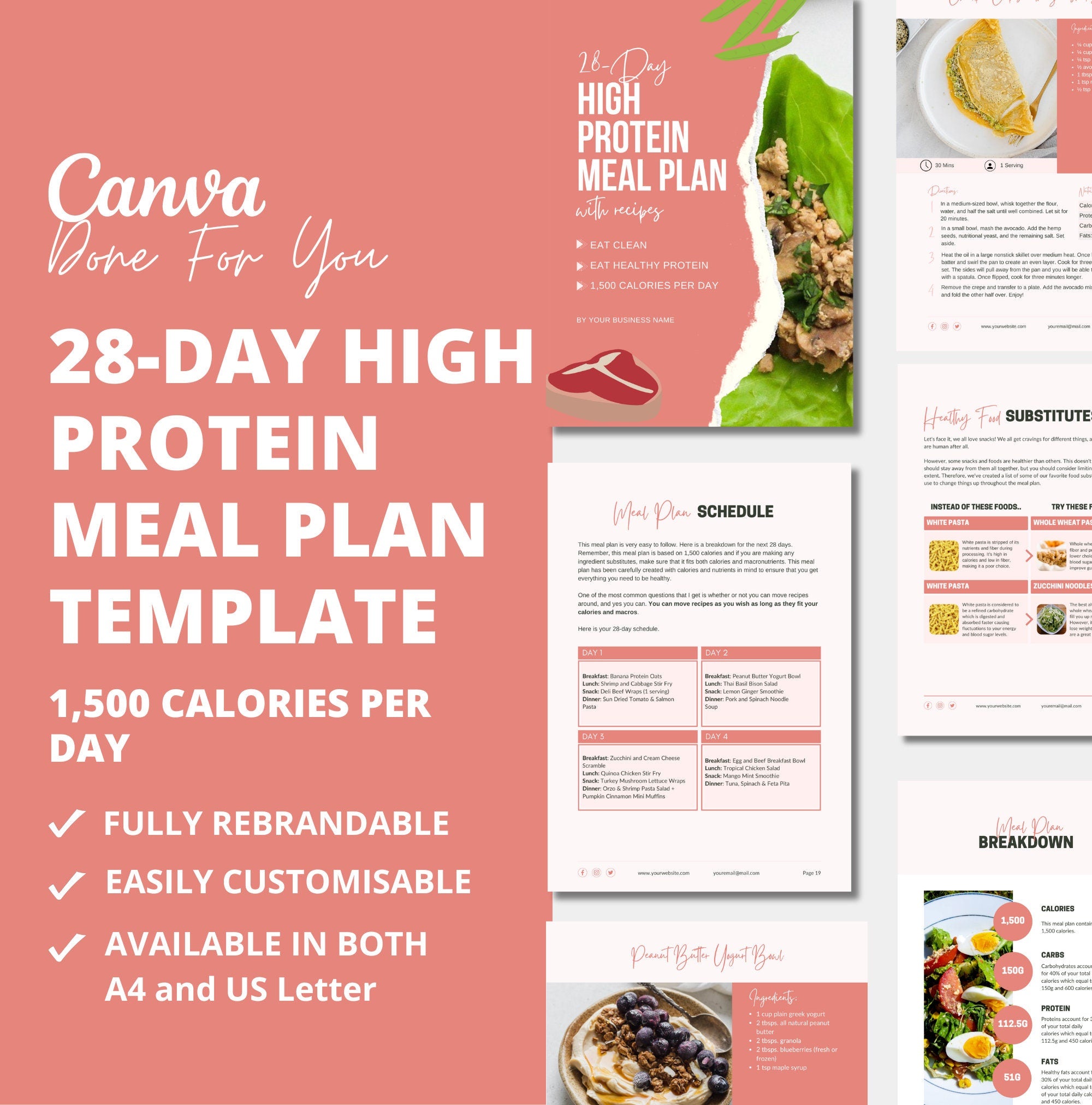 28-Day High Protein Meal Plan, PLR Digital Product, Canva Meal Plan Template