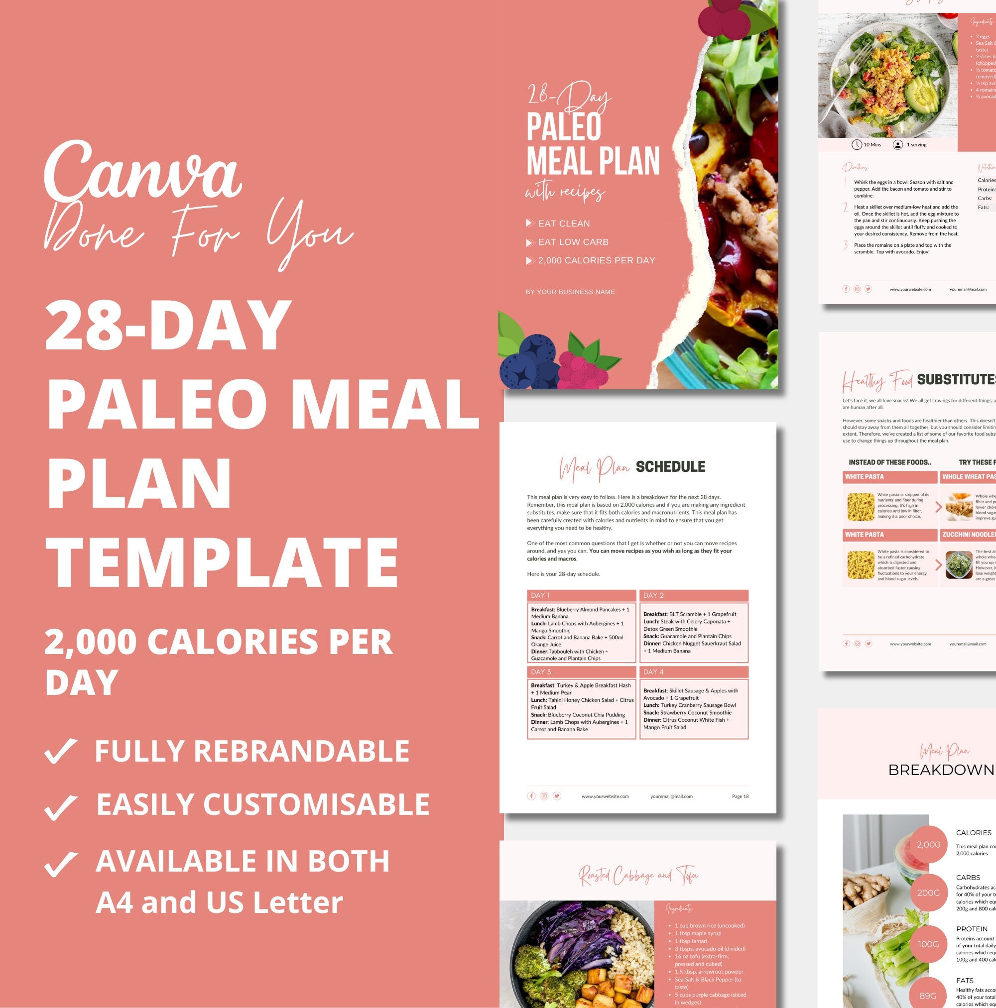 28-Day Paleo Meal Plan Template, PLR Digital Product, Canva Templates