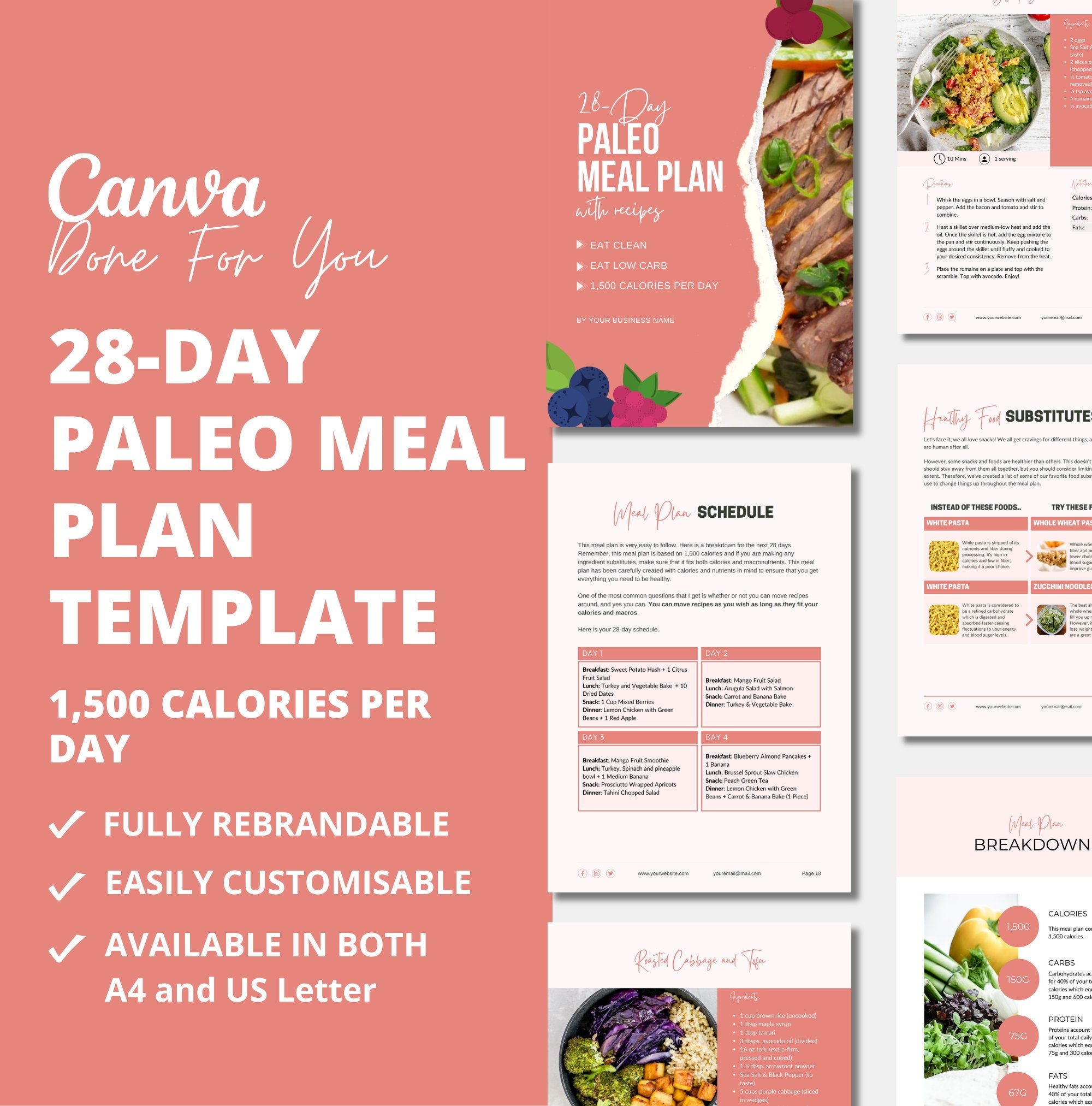 28-Day Paleo Meal Plan Template, PLR Digital Product, Canva Templates