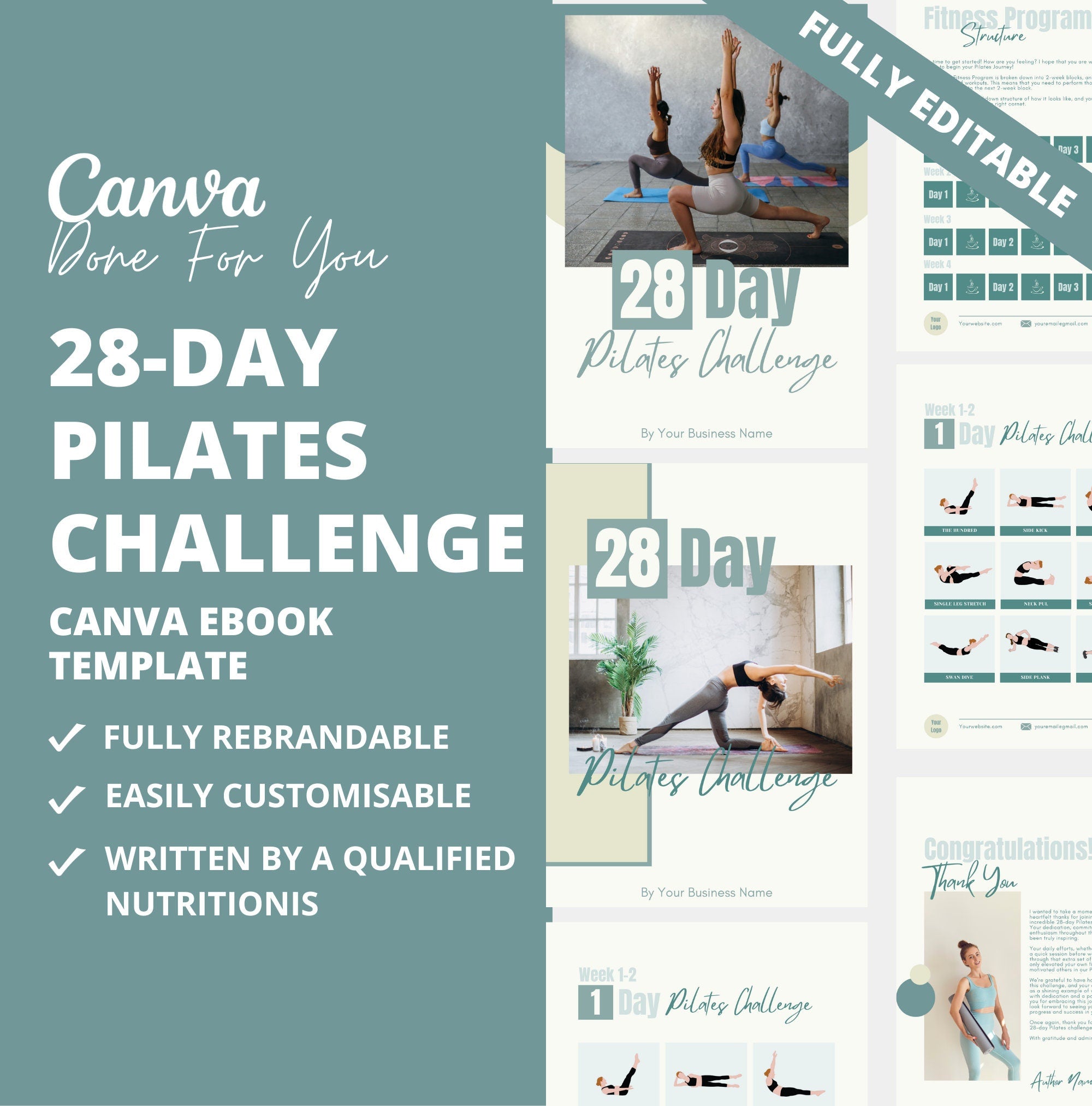 28-Day Pilates Challenge, PLR Digital Product, Canva Workout Template