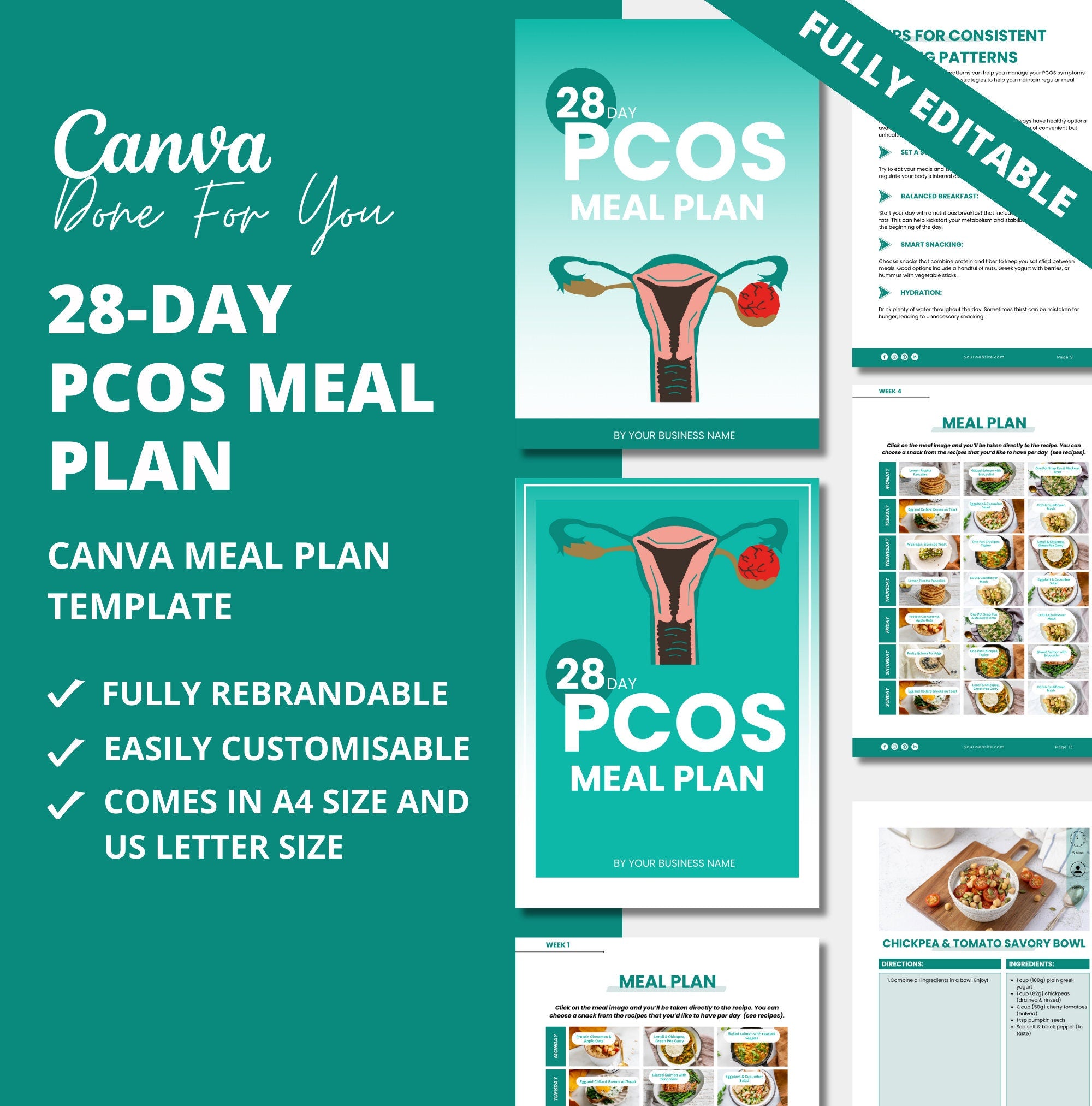 28-day PCOS Meal Plan, PLR Digital Product. Canva Meal Plan Template