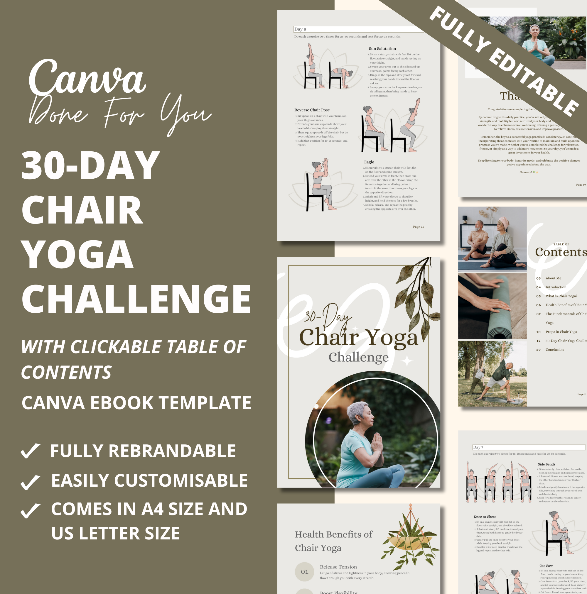 30-Day Chair Yoga Challenge, Canva eBook Template, PLR Digital Product