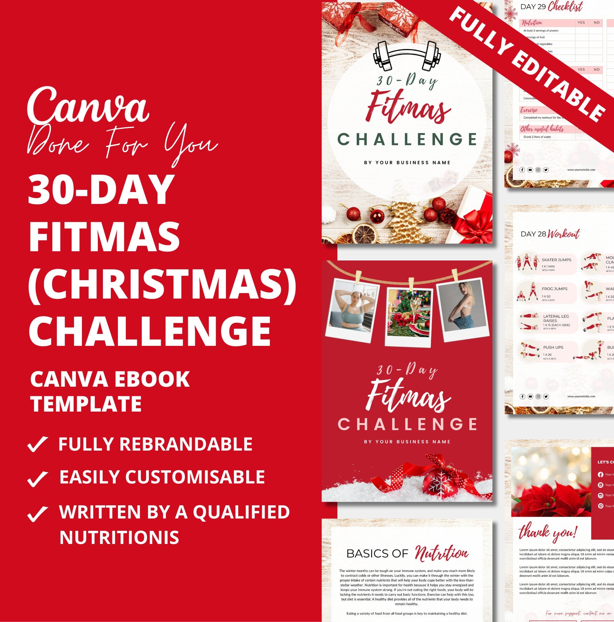 30-day Fitmas Challenge, PLR Digital Product, Canva eBook Template