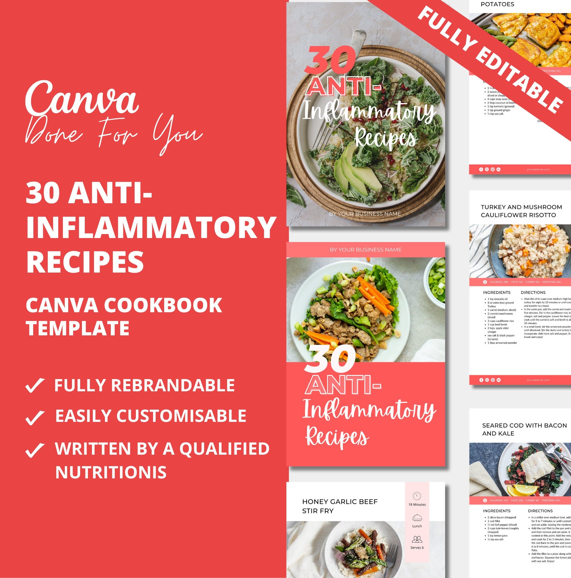 30 Anti-inflammatory Recipes, PLR Digital Product, Canva Cookbook Template
