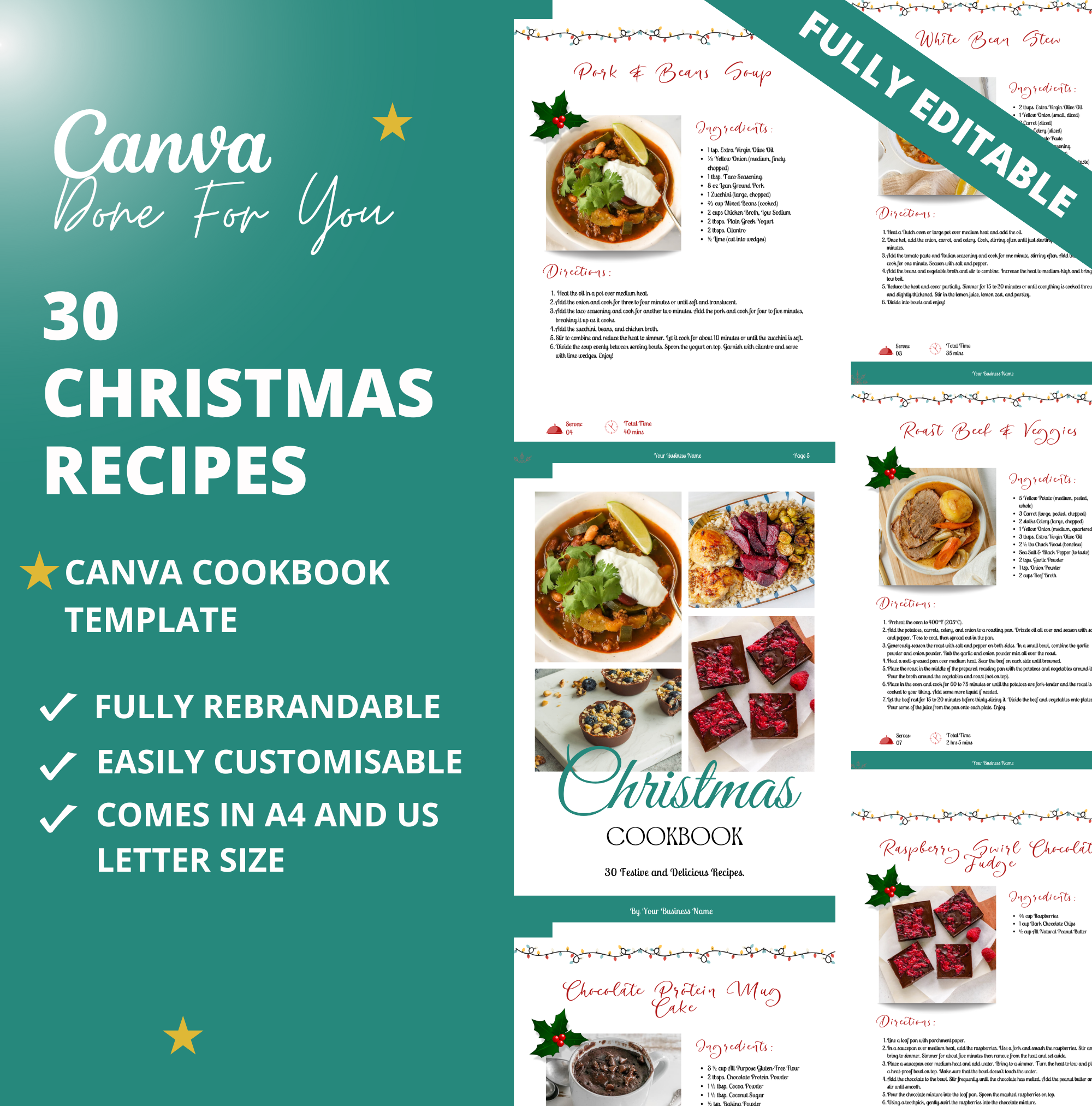 30 Christmas Recipes, Canva Cookbook Template, PLR Digital Product