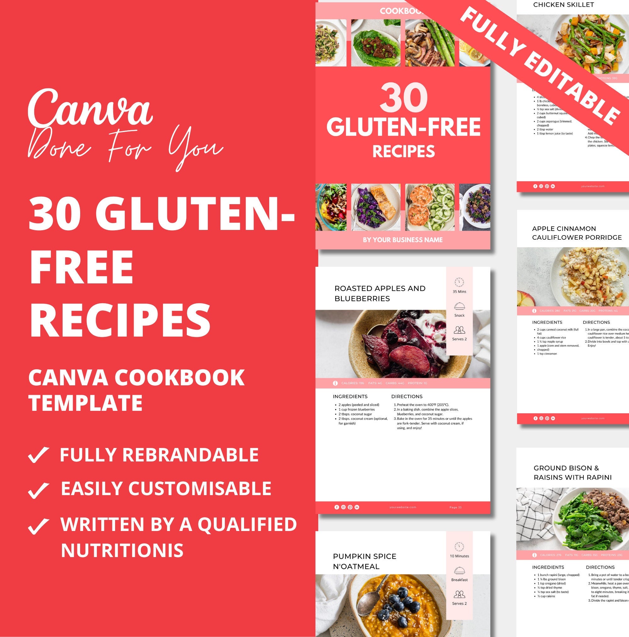 30 Gluten-Free Recipes, PLR Digital Product, Canva Cookbook Template
