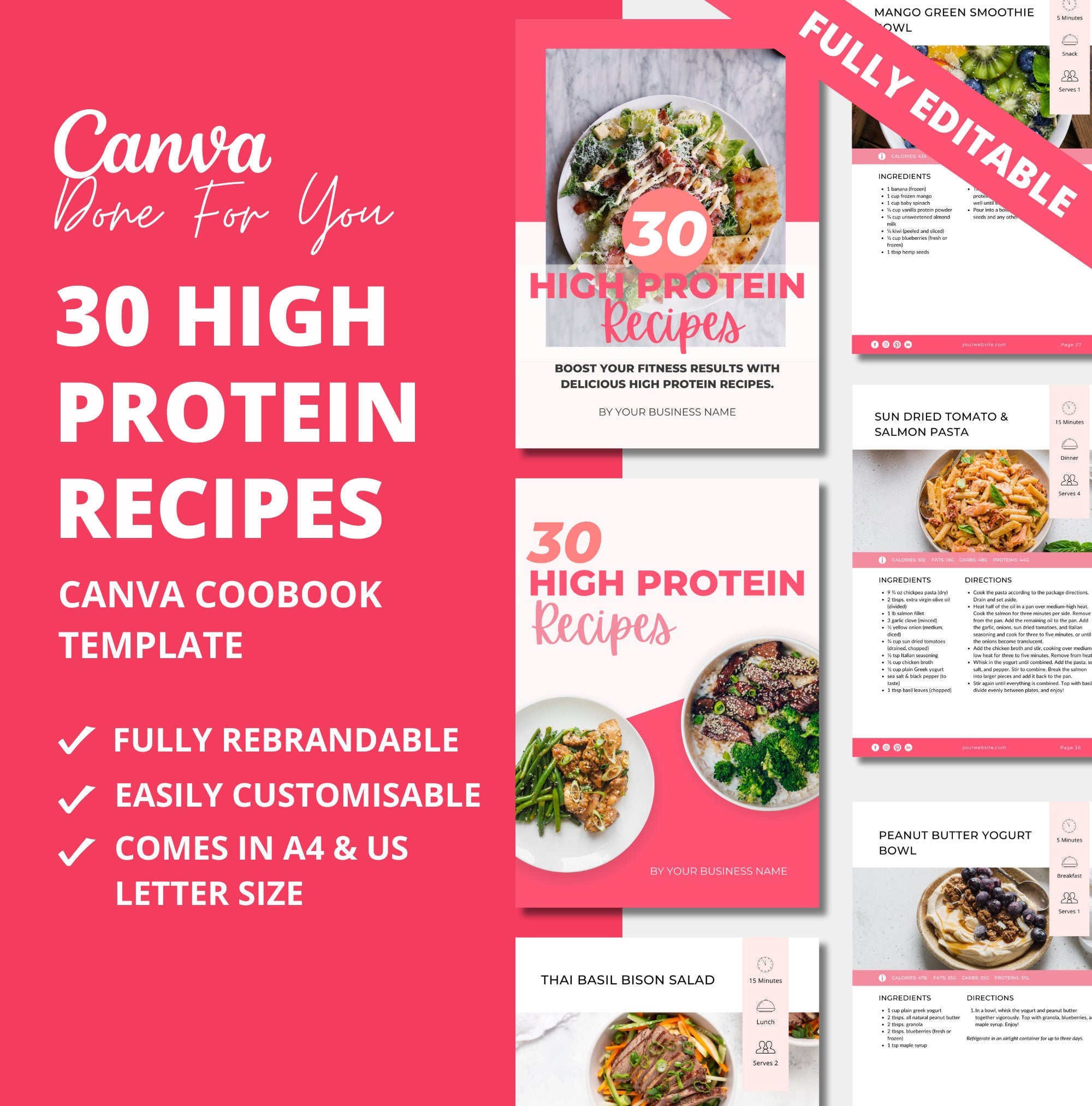 30 High Protein Recipes, PLR Digital Product, Canva Cookbook Template