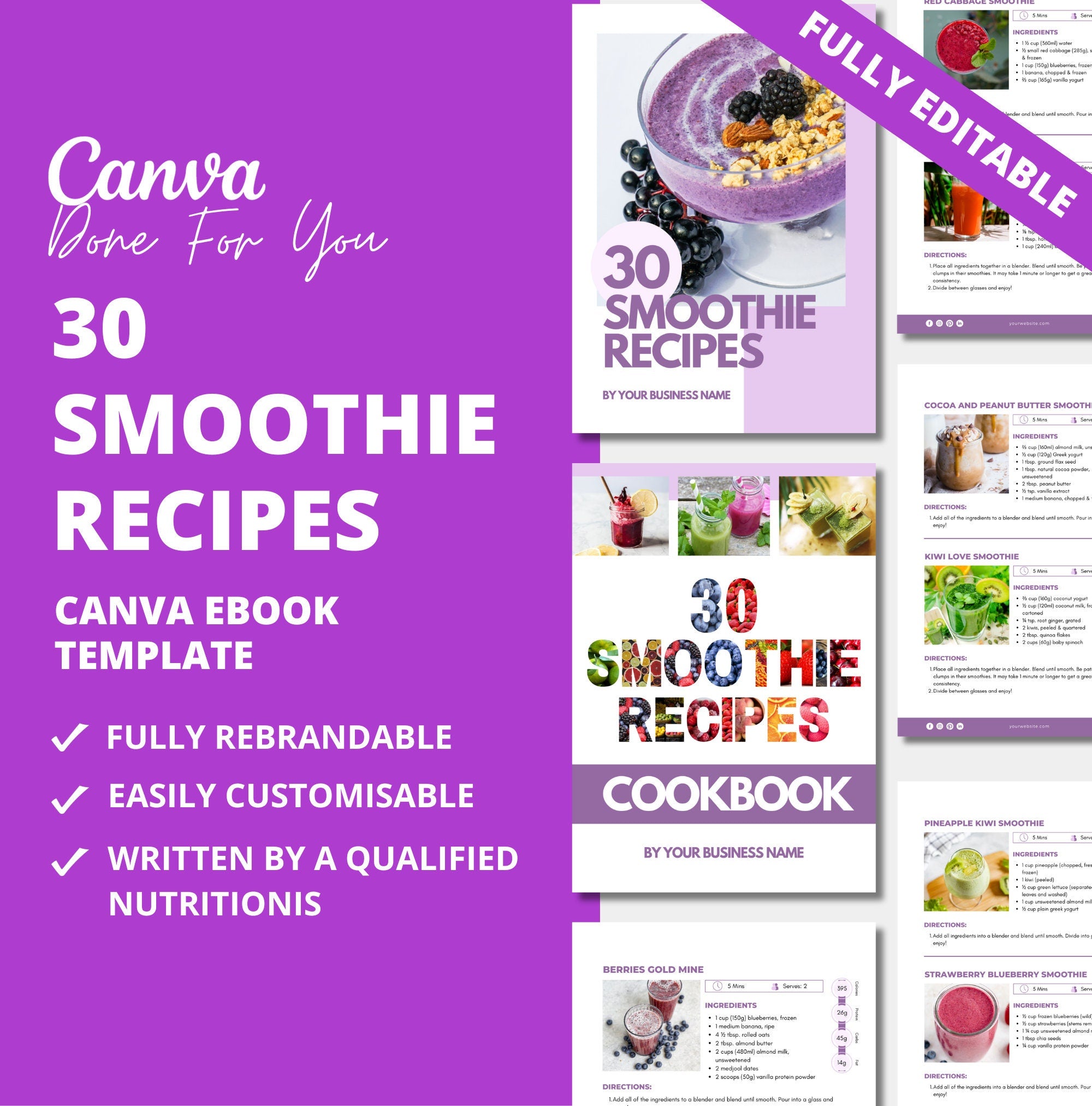 30 Smoothie Recipes, PLR Digital Product. Canva Cookbook Template