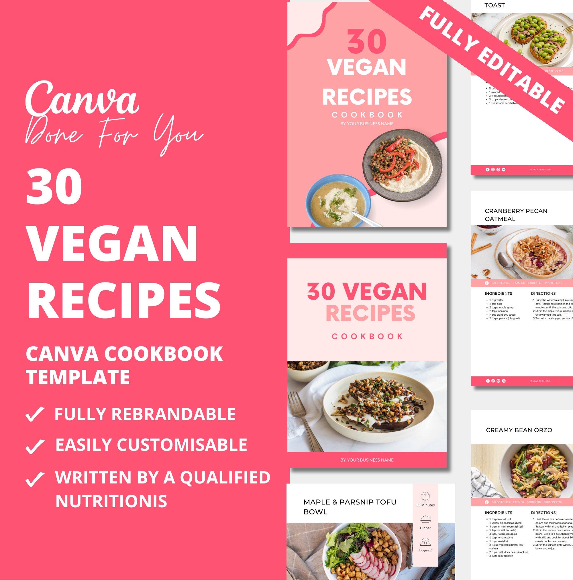 30 Vegan Recipes, PLR Digital Product, Canva Cookbook Template