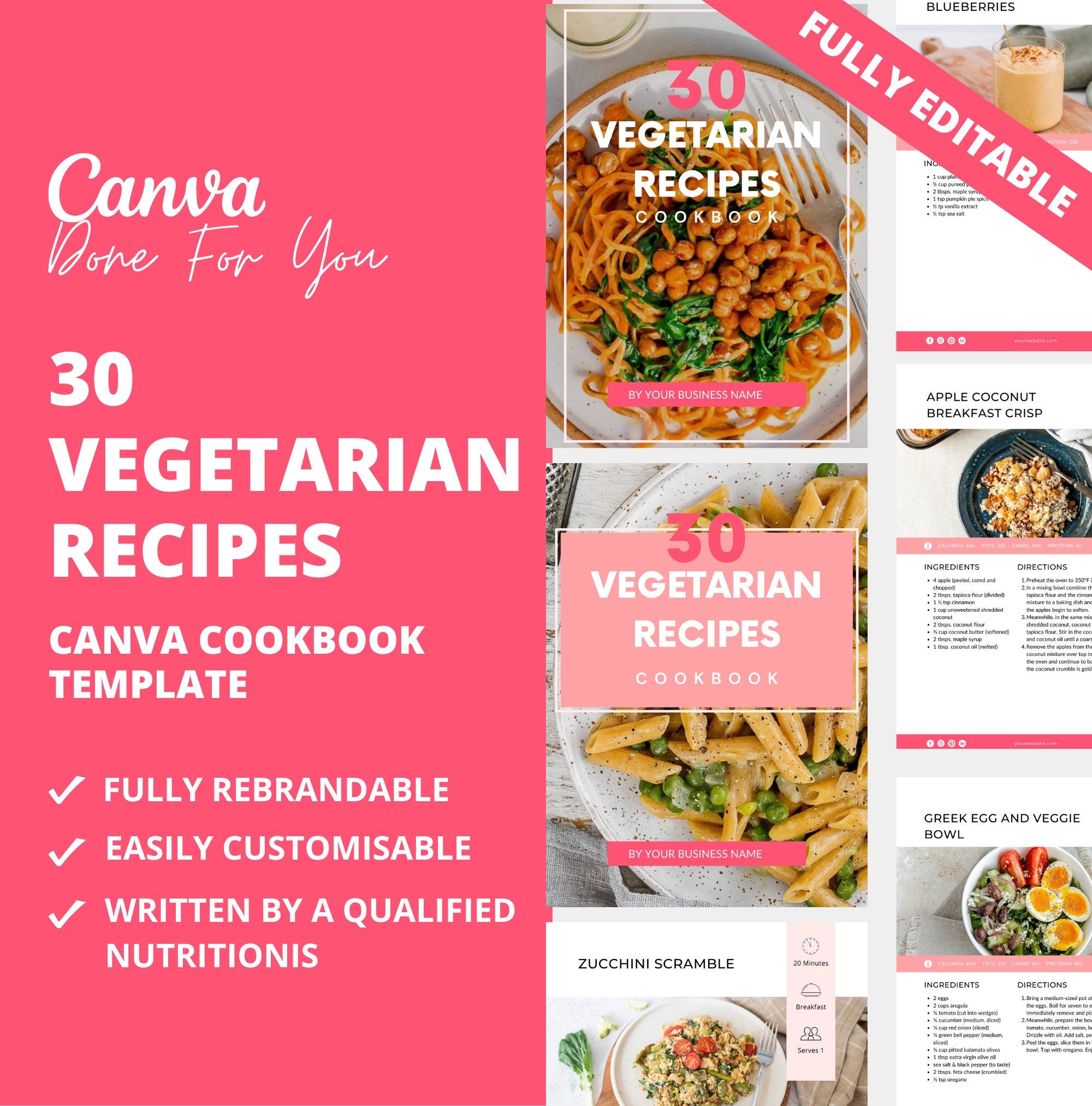 30 Vegetarian Recipes, PLR Digital Product, Canva Cookbook Template
