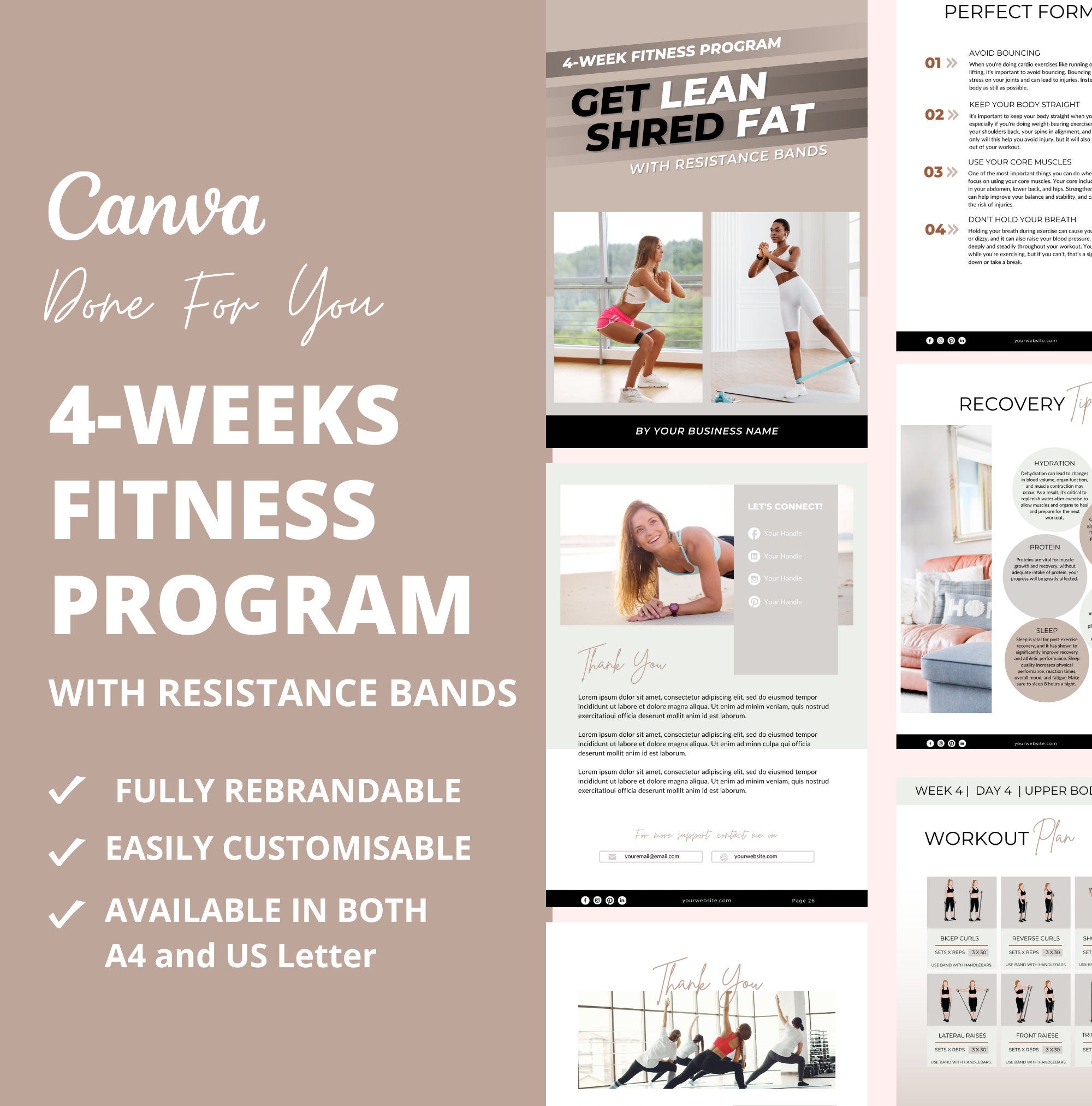 4-week resistance band workout plan, PLR Digital Product, Canva Fitness Template