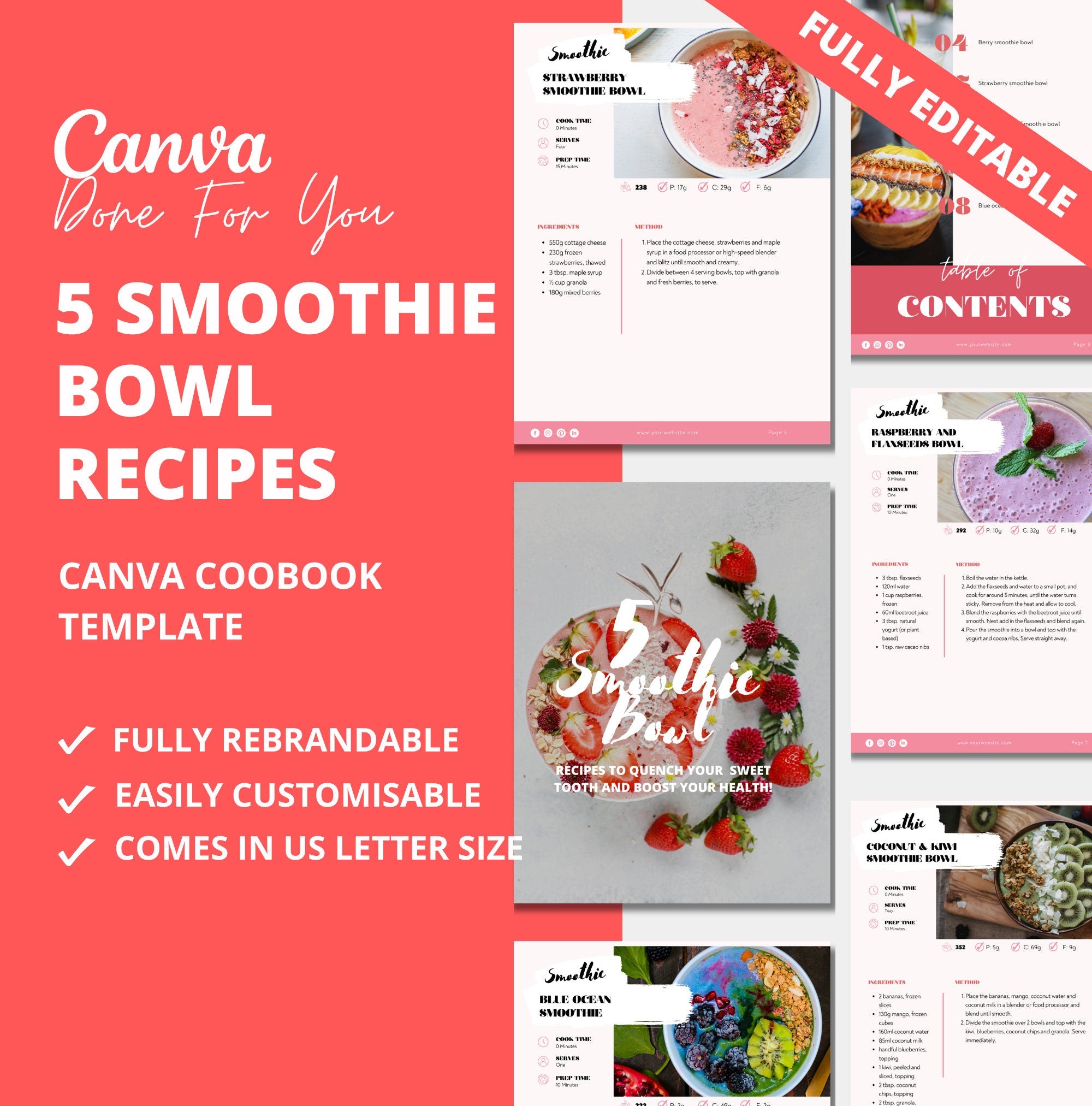 5 Smoothie Bowl Recipes, PLR Digital Products, Canva Cookbook Template