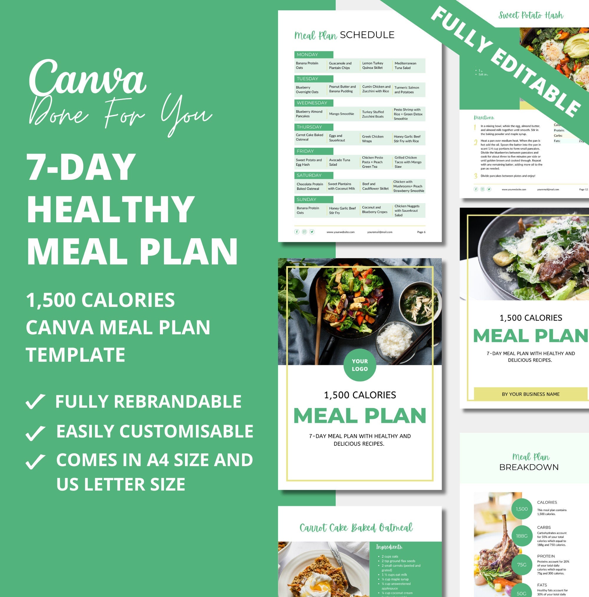 7-day Healthy Meal Plan Template, PLR Digital Product, Canva Template