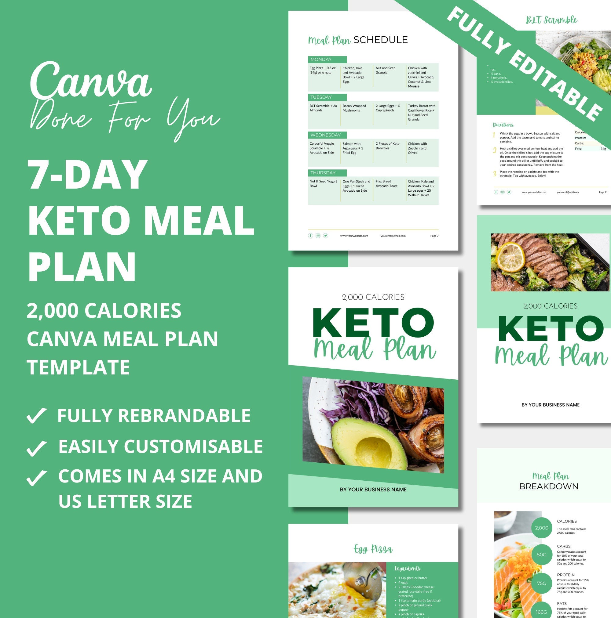 7-day Keto Meal Plan Template, PLR Digital Product, Canva Meal Plan Template