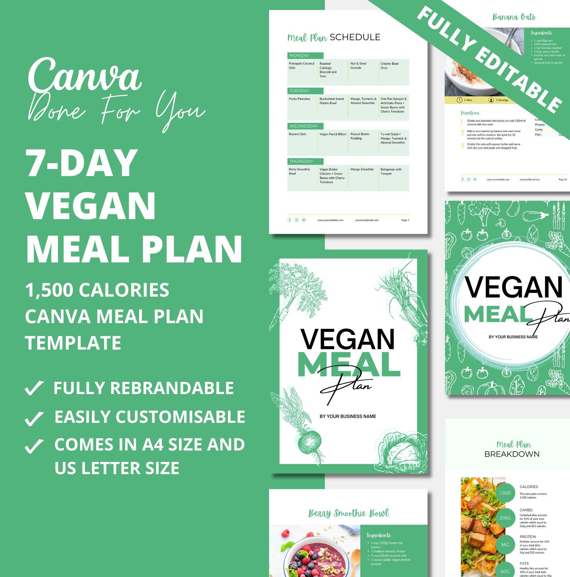 7-day Vegan Meal Plan Template, PLR Digital Product, Canva Template