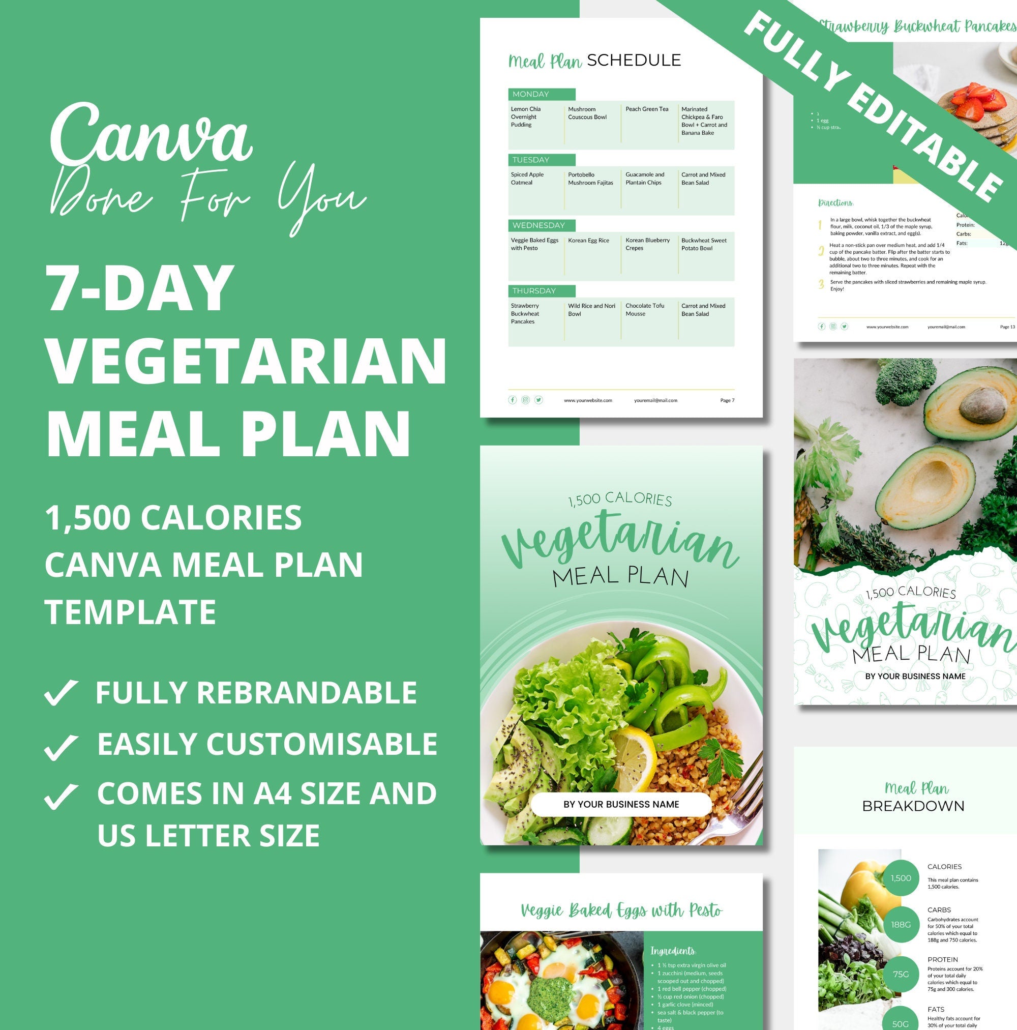 7-day Vegetarian Meal Plan Template, PLR Digital Product, Canva Template