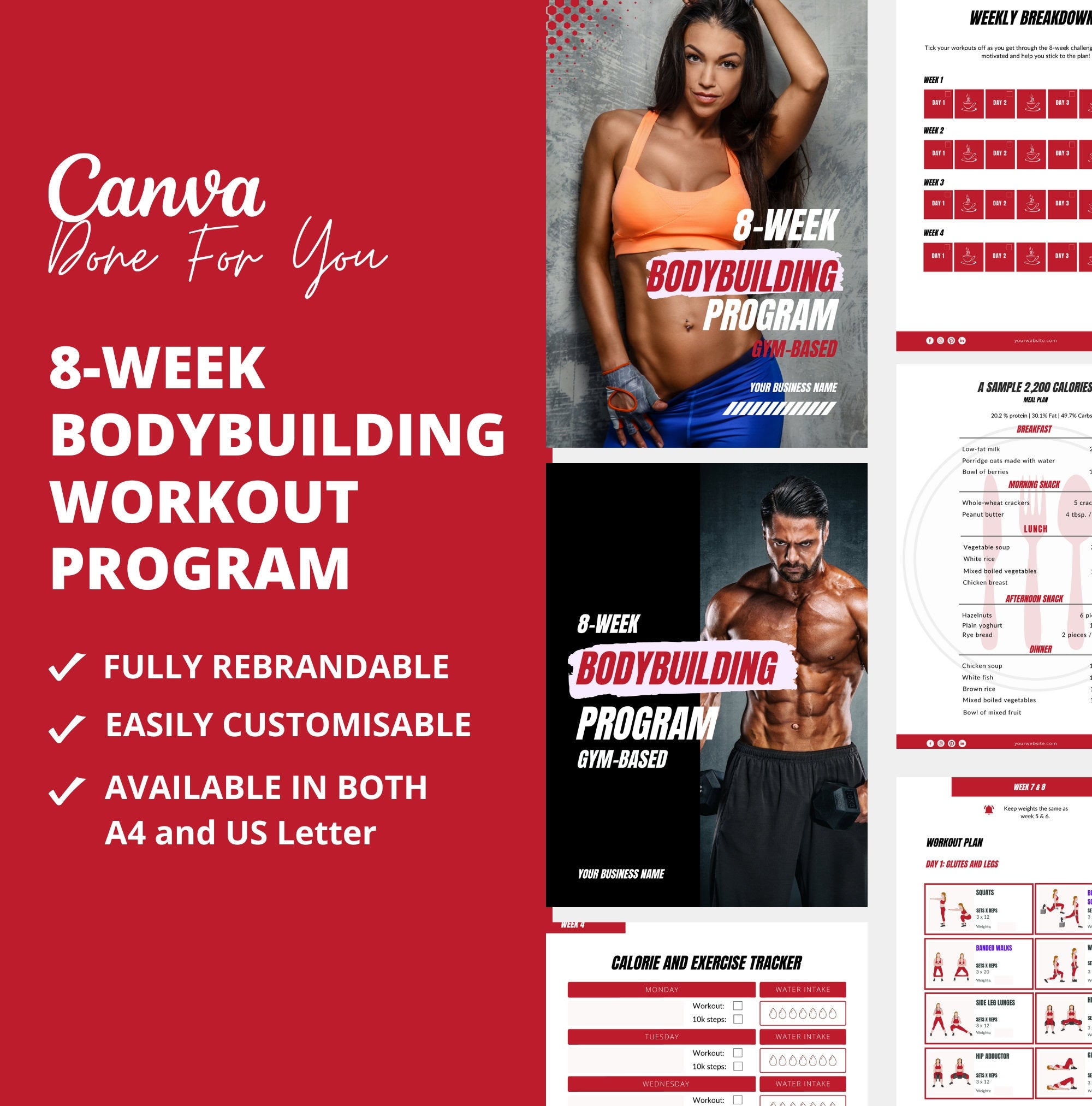 8-Week Bodybuilding Program, PLR Digital Product, Canva Fitness Template