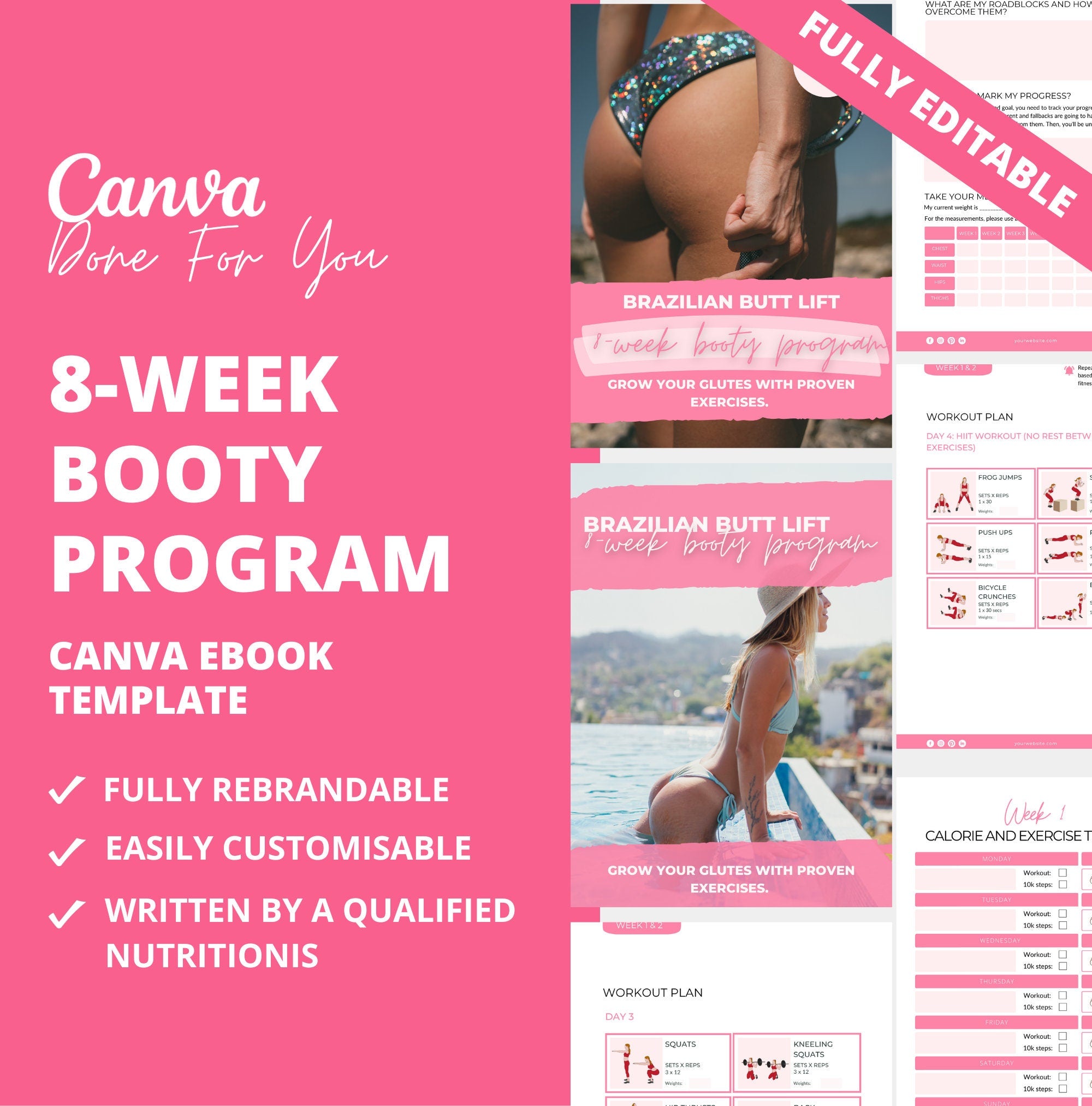 8-Week Booty Workout Plan, PLR Digital Program, Canva Fitness Template