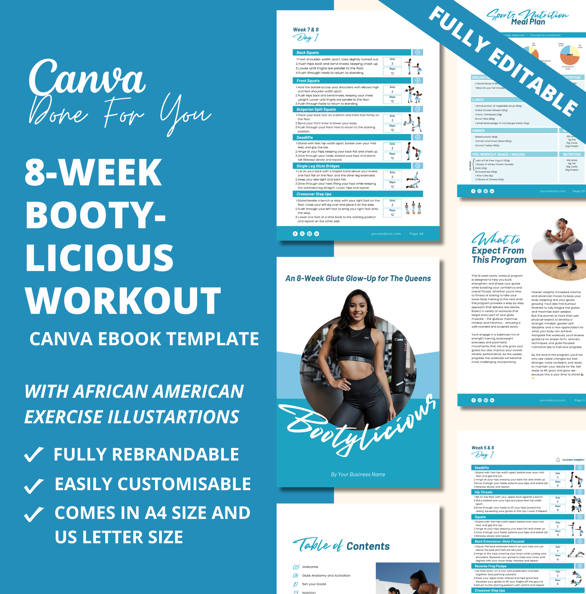 Blue 8-Week Bootylicious Workout Program, PLR Digital Product, Canva eBook Template