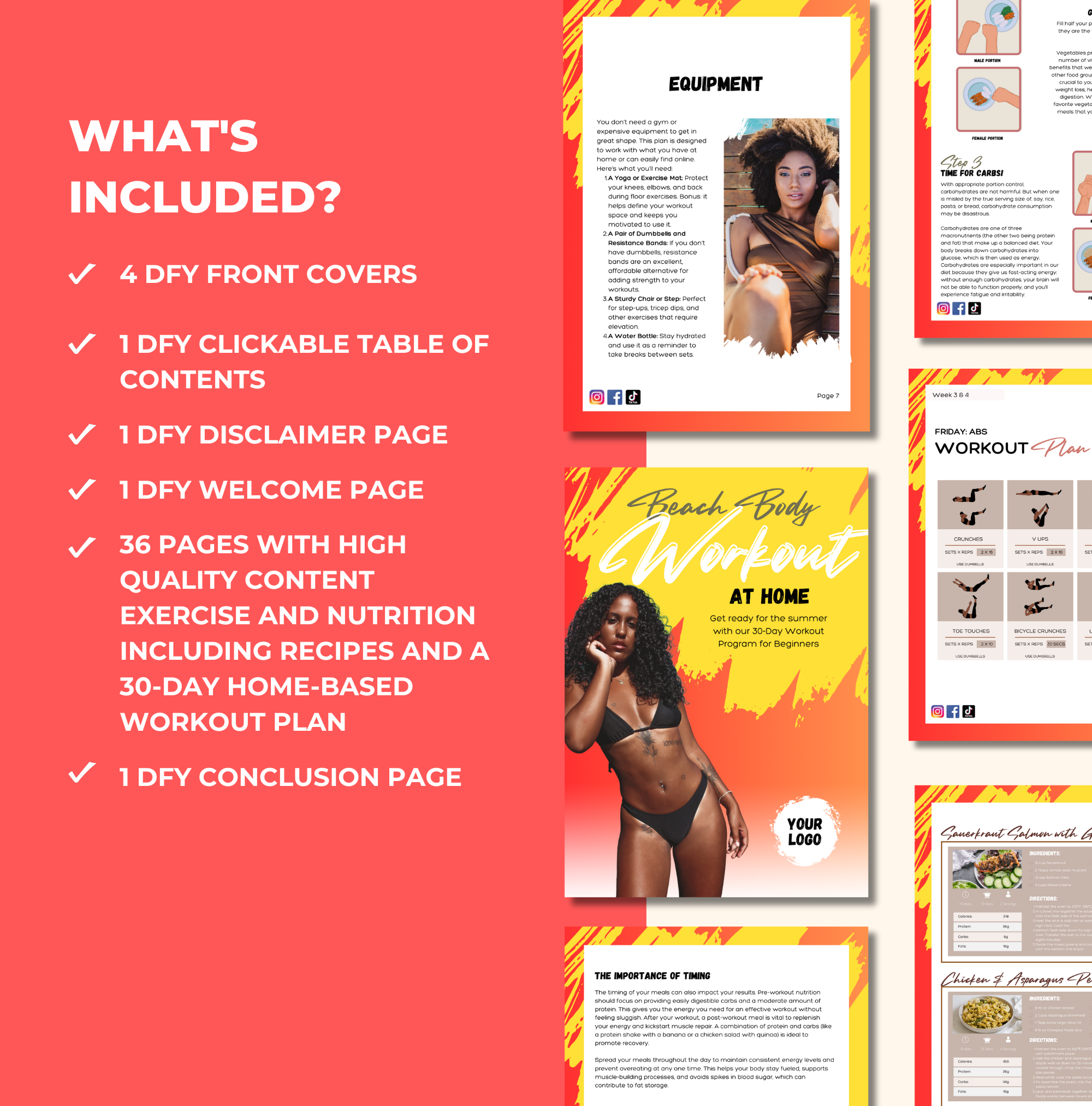 DFY pages included in this 30-Day Home Based Workout Plan, PLR Digital Product, Canva eBook Template