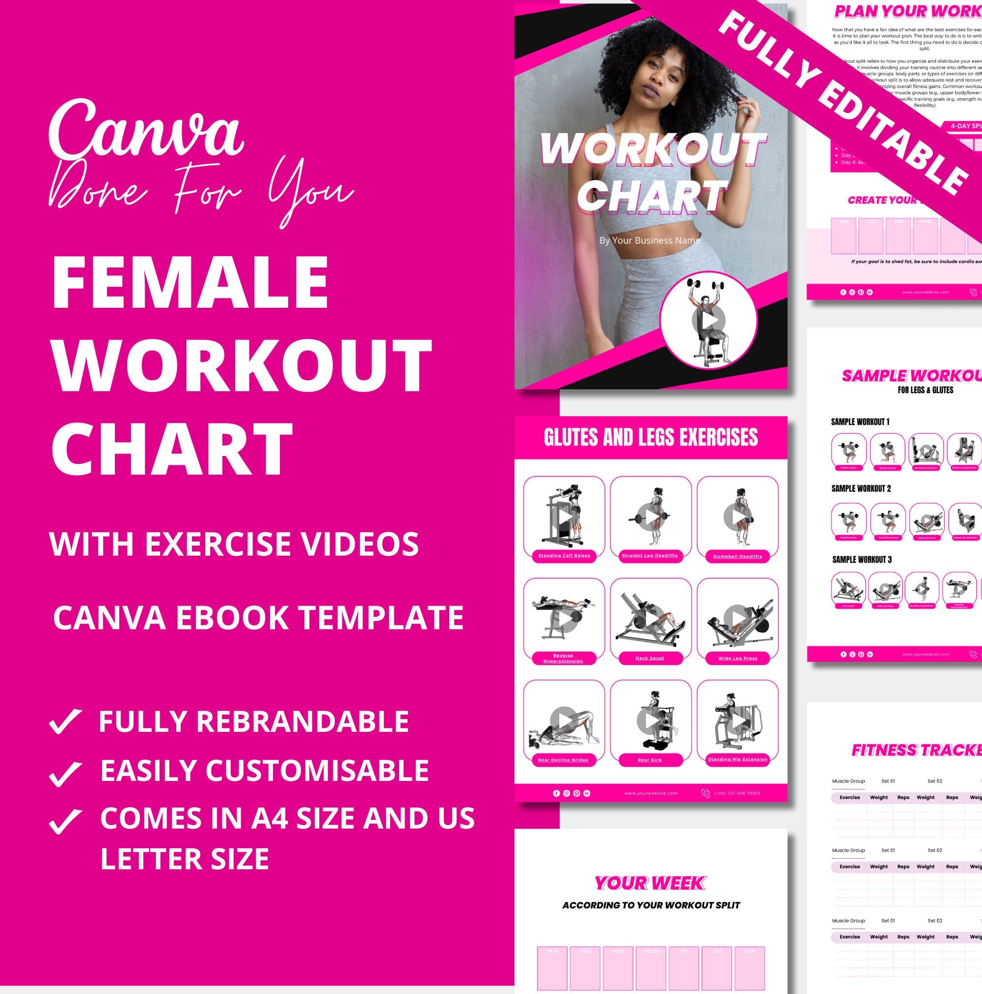 Female Workout Chart, PLR Digital Product, Canva eBoook Template