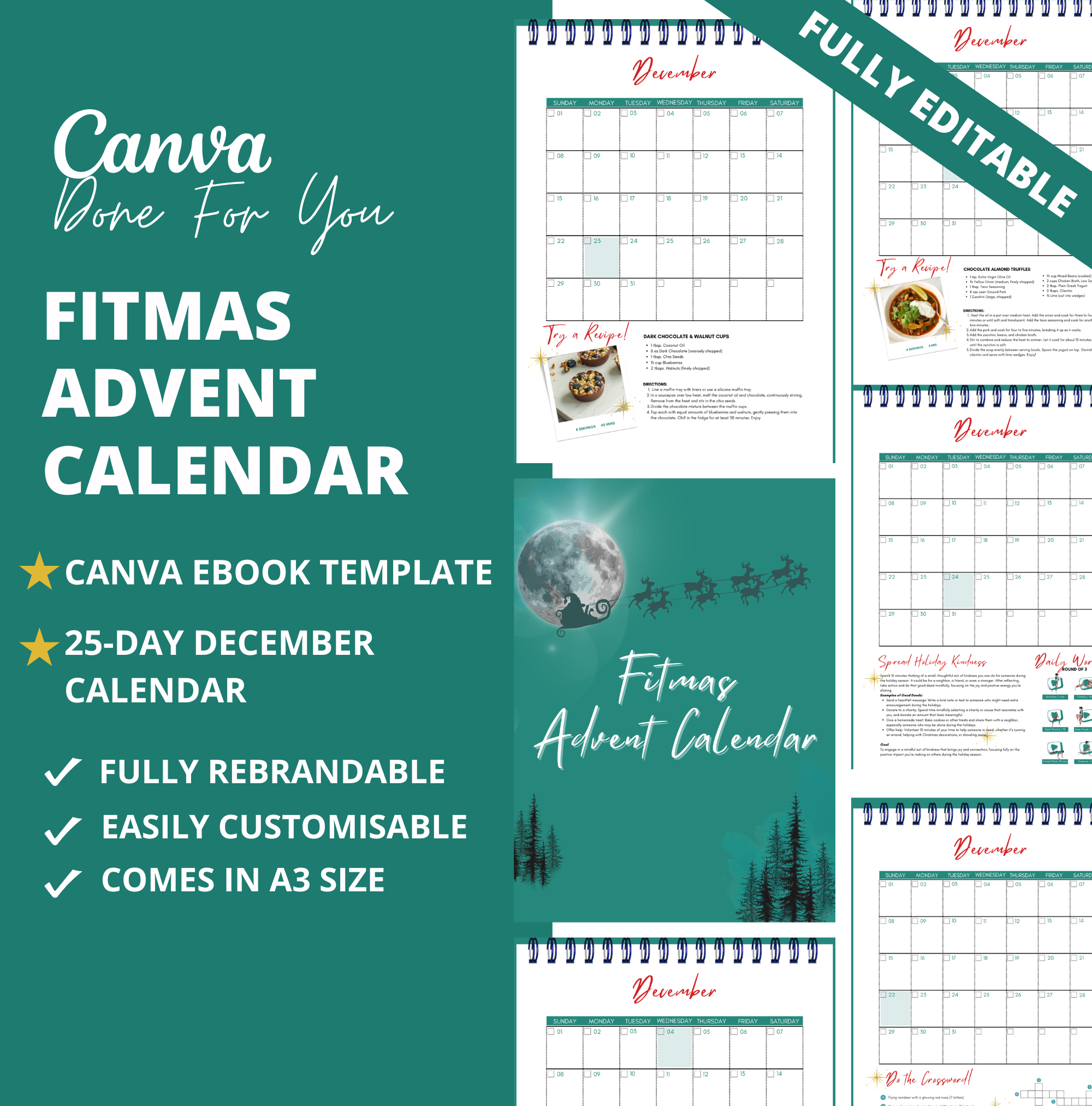 Fitmas Advent Calendar, PLR Digital Product, Canva eBook Template