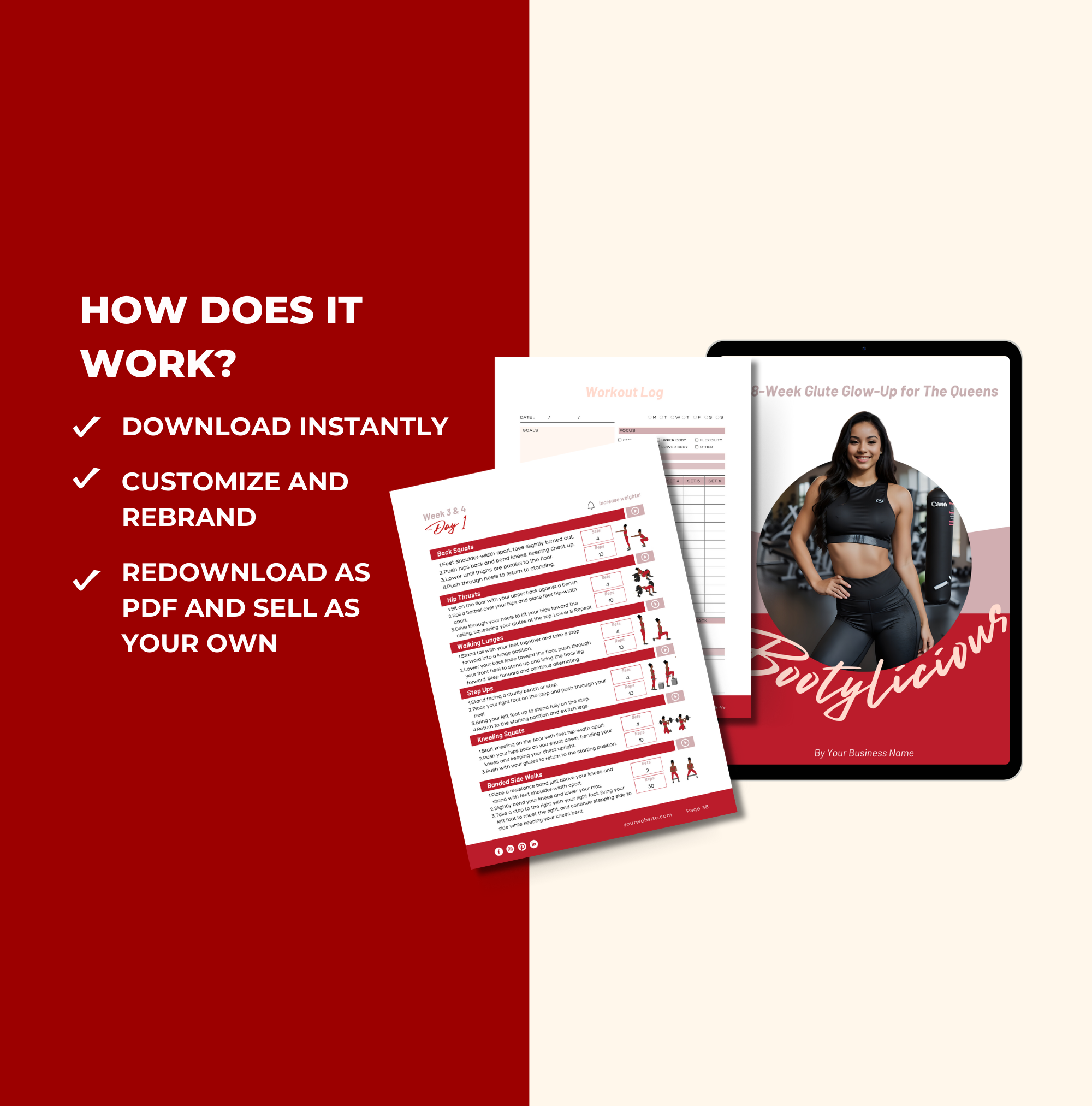 Instructions on how to access the Red 8-Week Bootylicious Workout Program, PLR Digital Product, Canva eBook Template