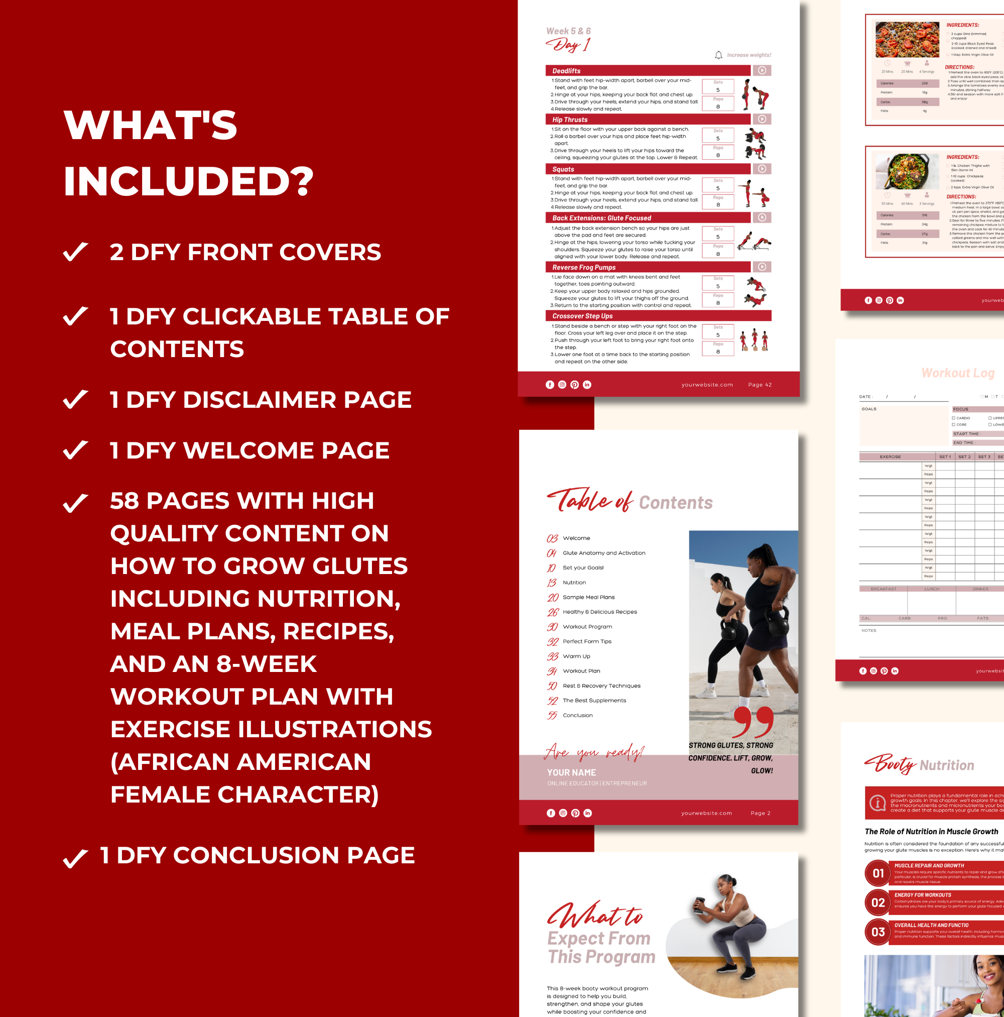 List of pages that are included in this Red 8-Week Bootylicious Workout Program, PLR Digital Product, Canva eBook Template