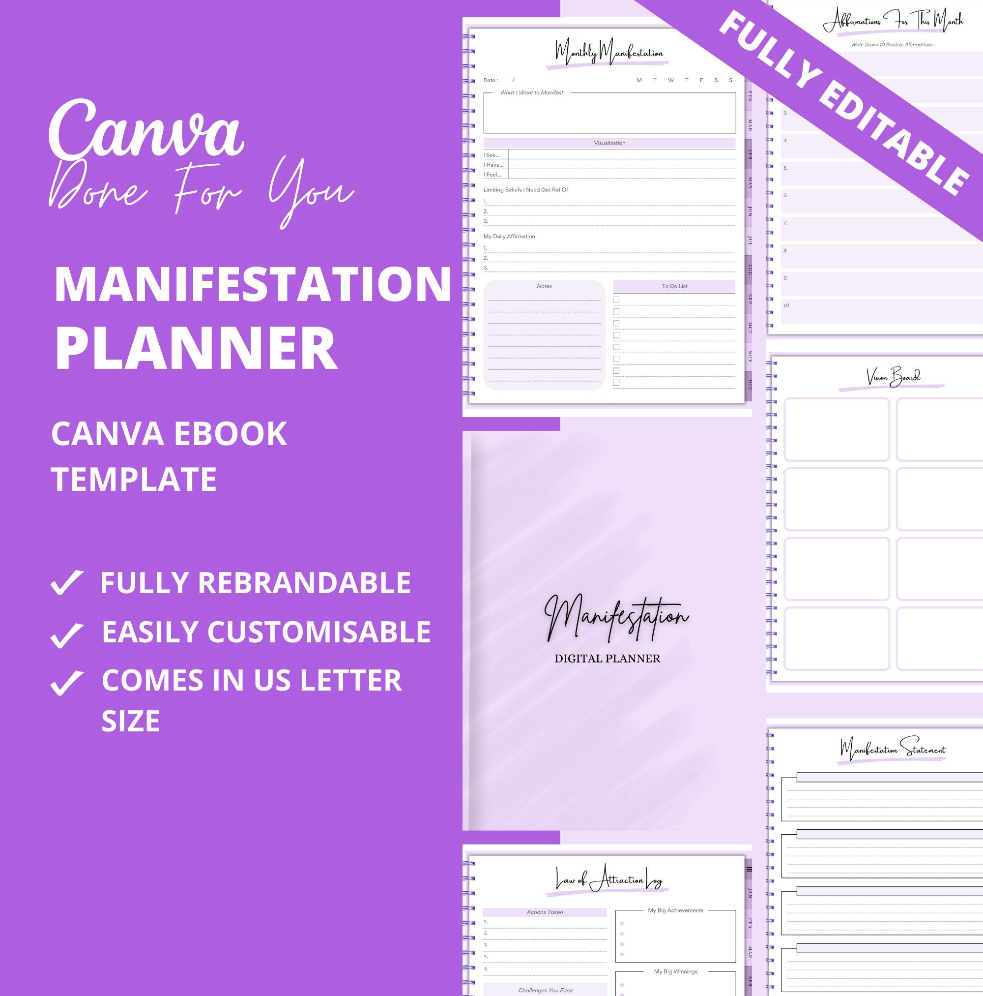 Manifestation Planner Template, PLR Digital Product, Canva Planner Template