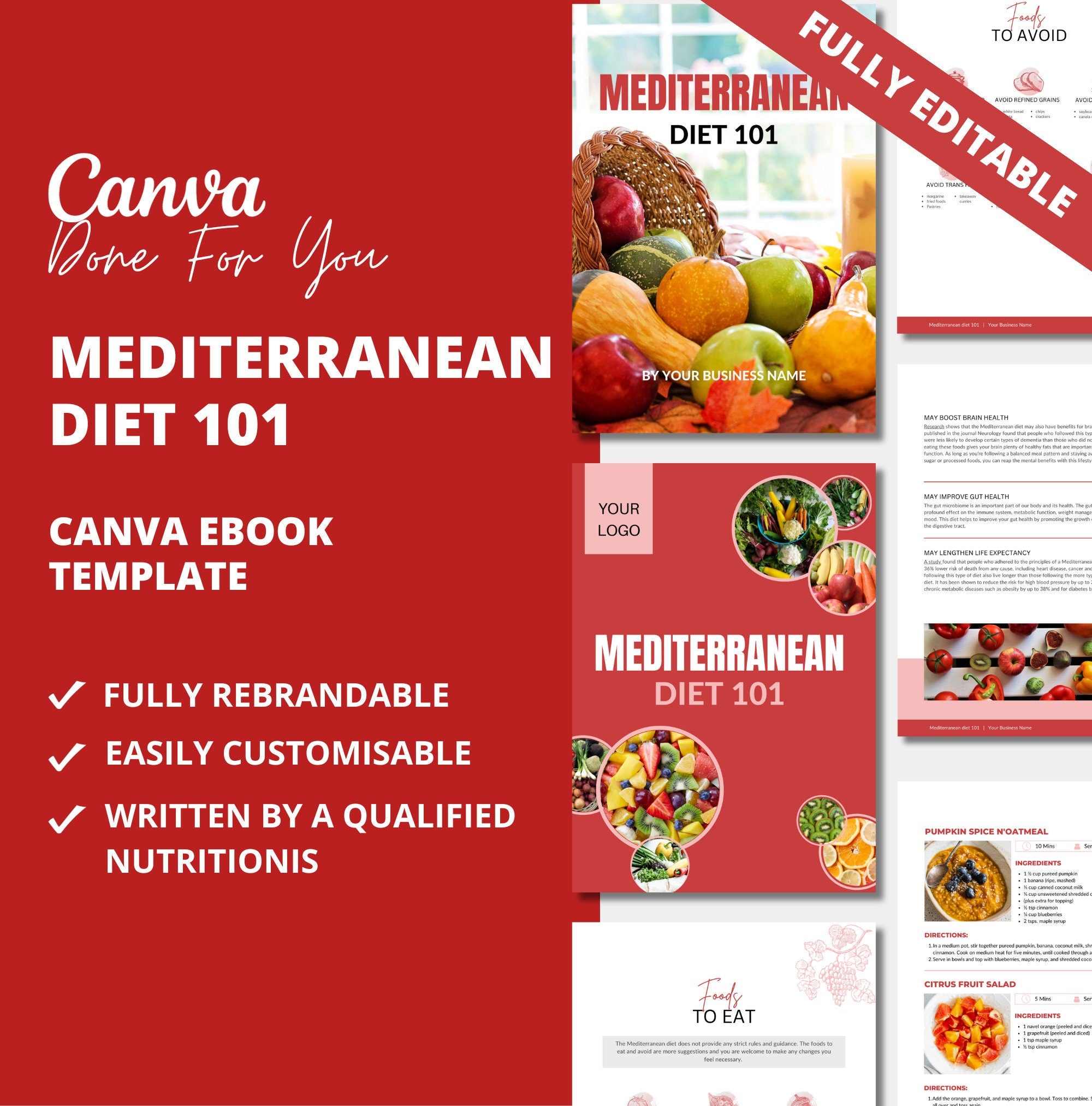 Mediterranean Diet 101, PLR Digital Product, Canva eBook Template