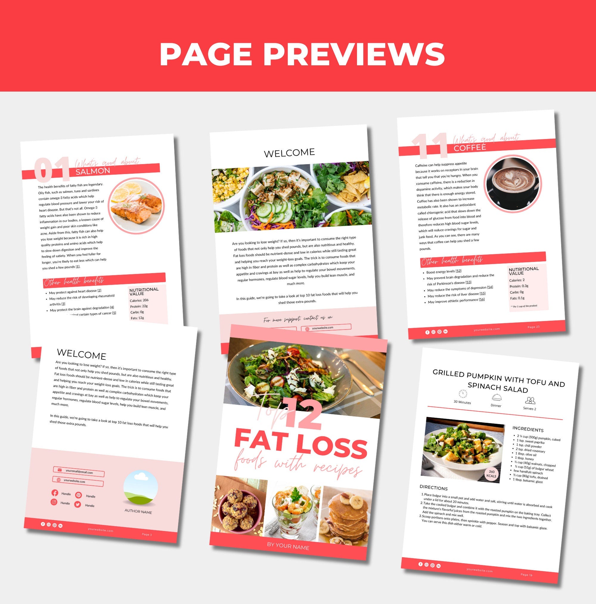 Page previews in this PLR product on  12 Foods for Fat Loss,
