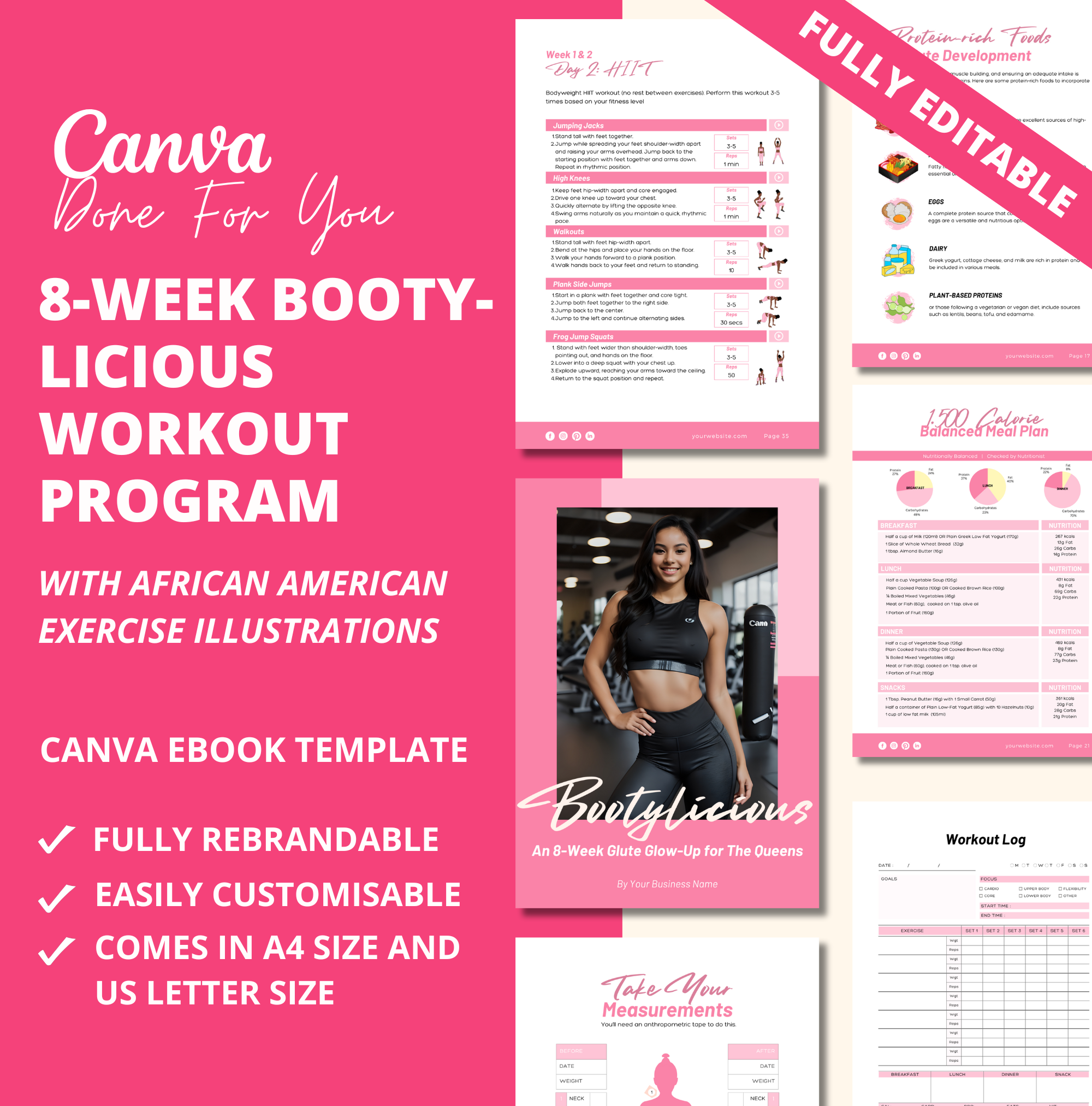 Pink 8-Week Bootylicious Workout Program, PLR Digital Product, Canva eBook Template