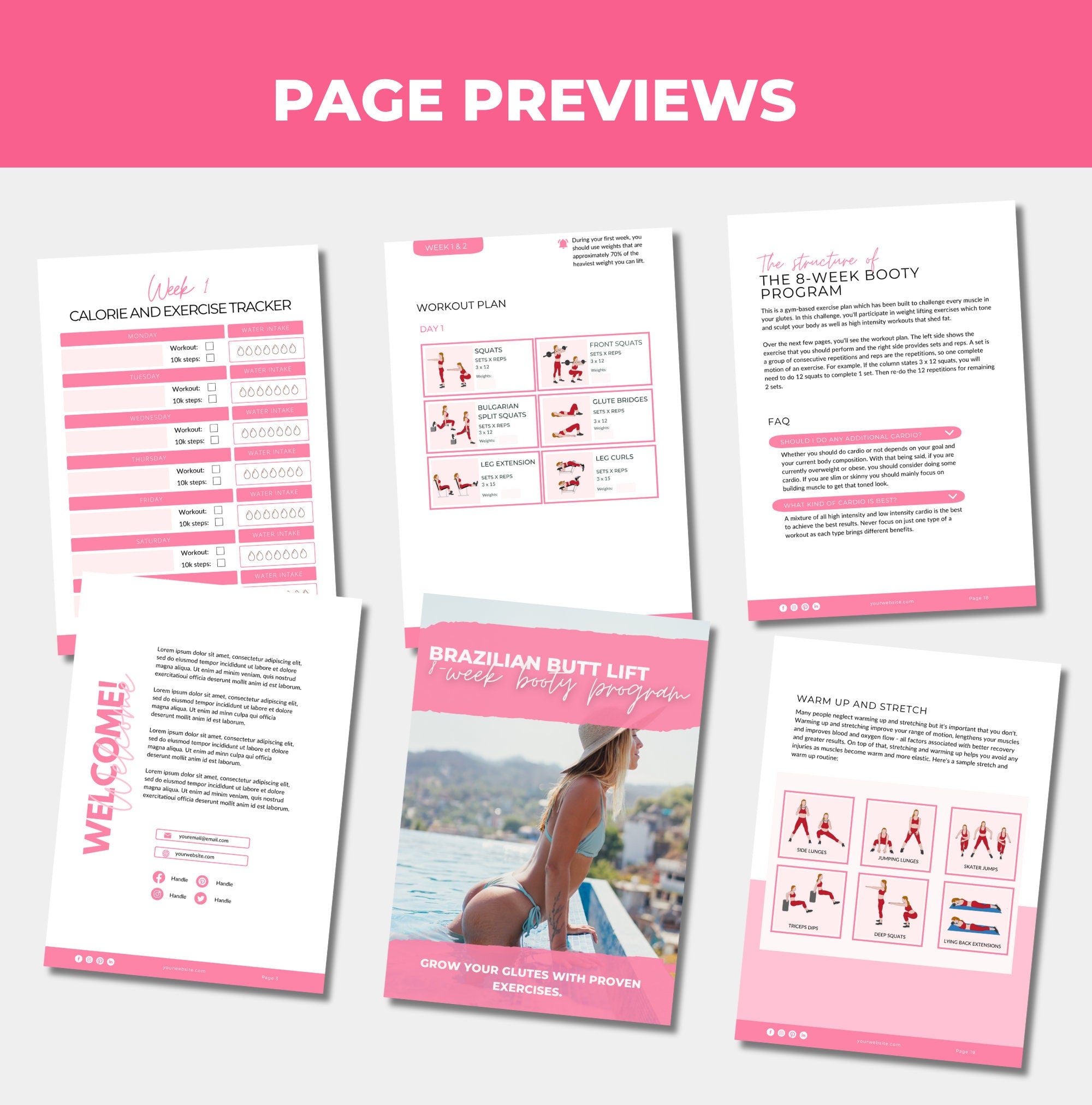 Preview of page designs included in this 8 week workout program plr digital product