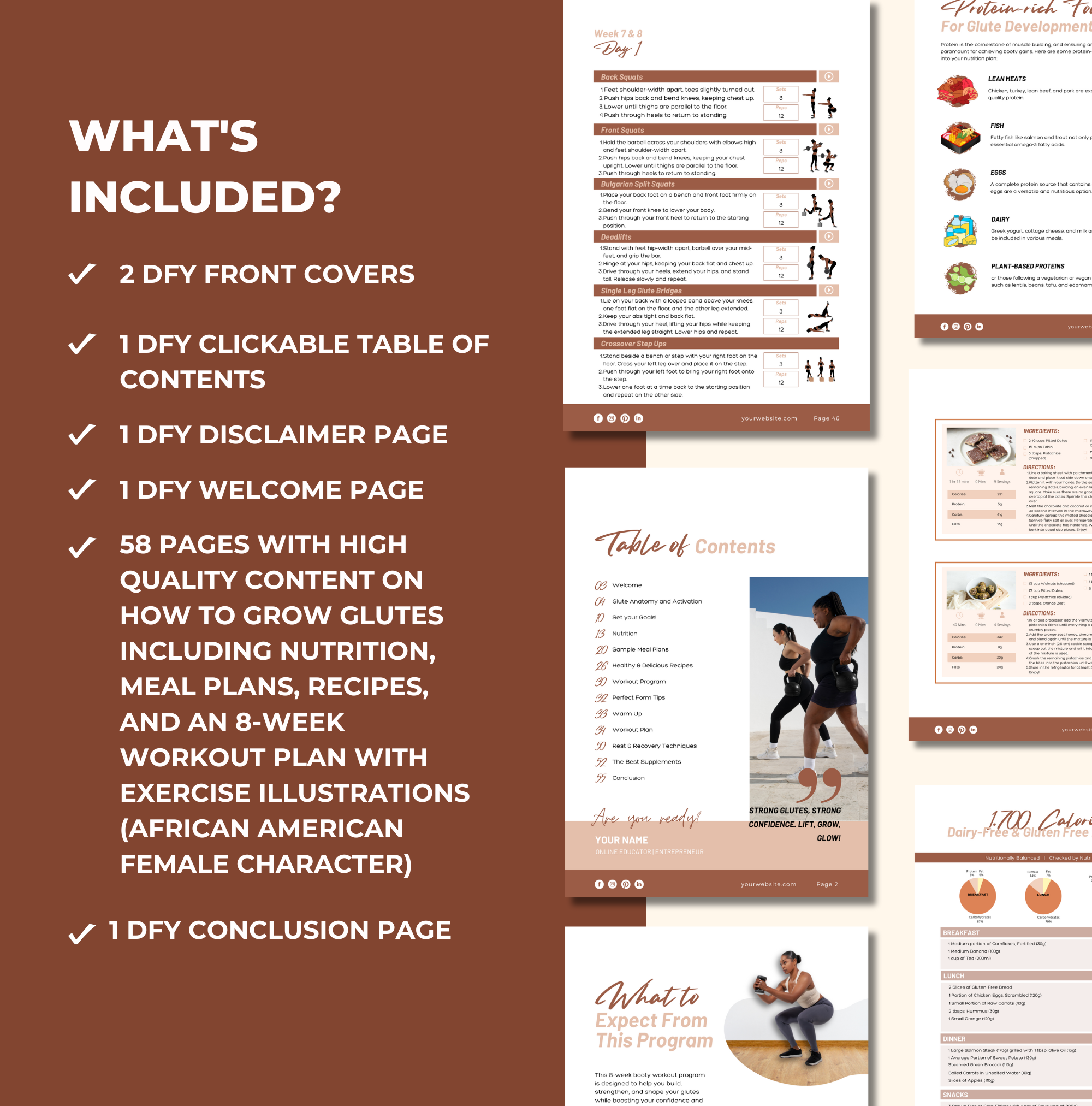 Preview of pages included in this Bootylicious Workout Program, PLR Digital Product, Canva eBook Template