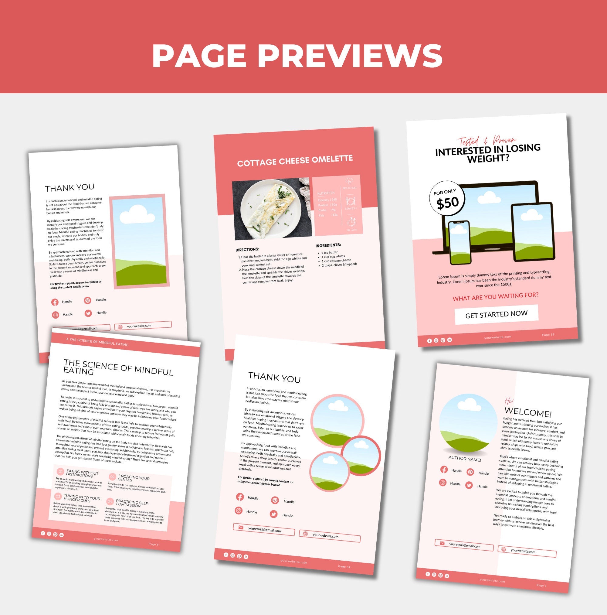 Preview of pages included in this guide to emotional eating, Canva eBook template, PLR digital product