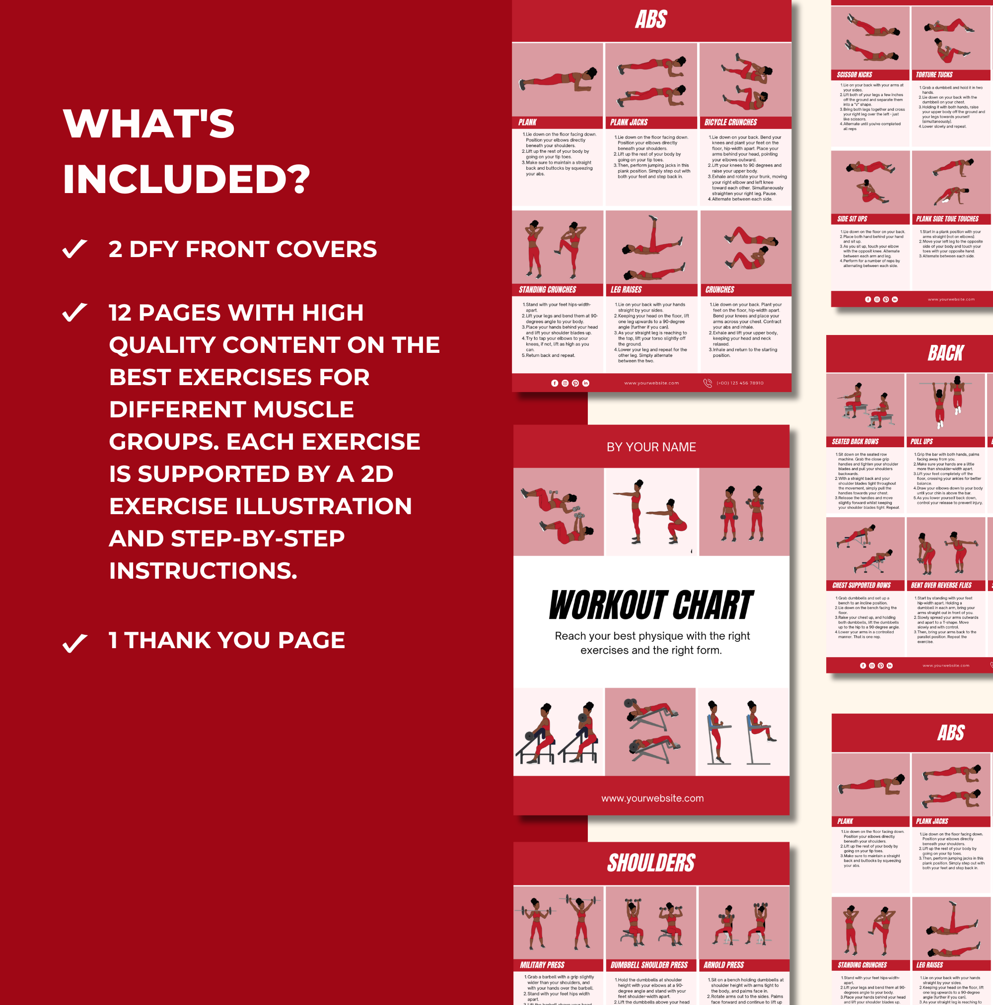 Preview of what is included in Red Workout Chart, Canva eBook Template, PLR Digital Product
