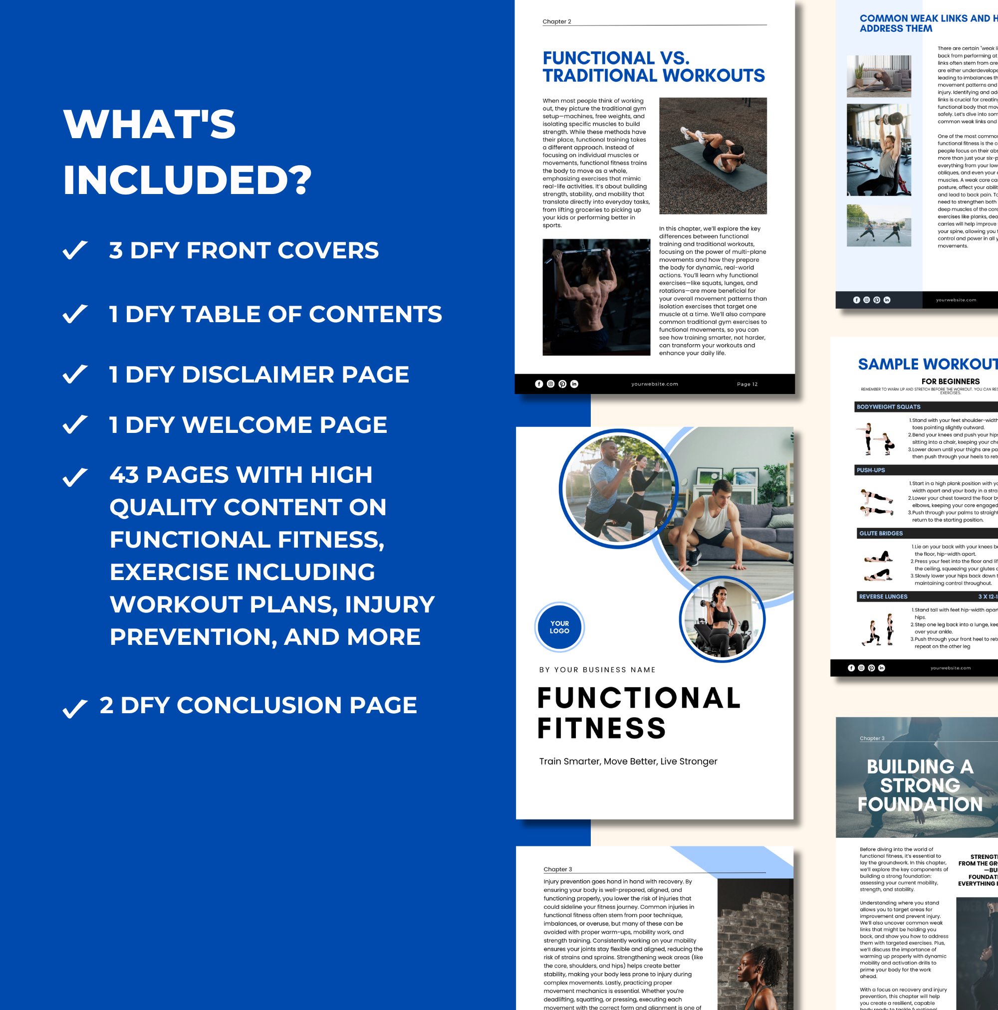 Preview of what is included in this Functional Fitness Guide, Canva eBook Template, PLR Digital Product