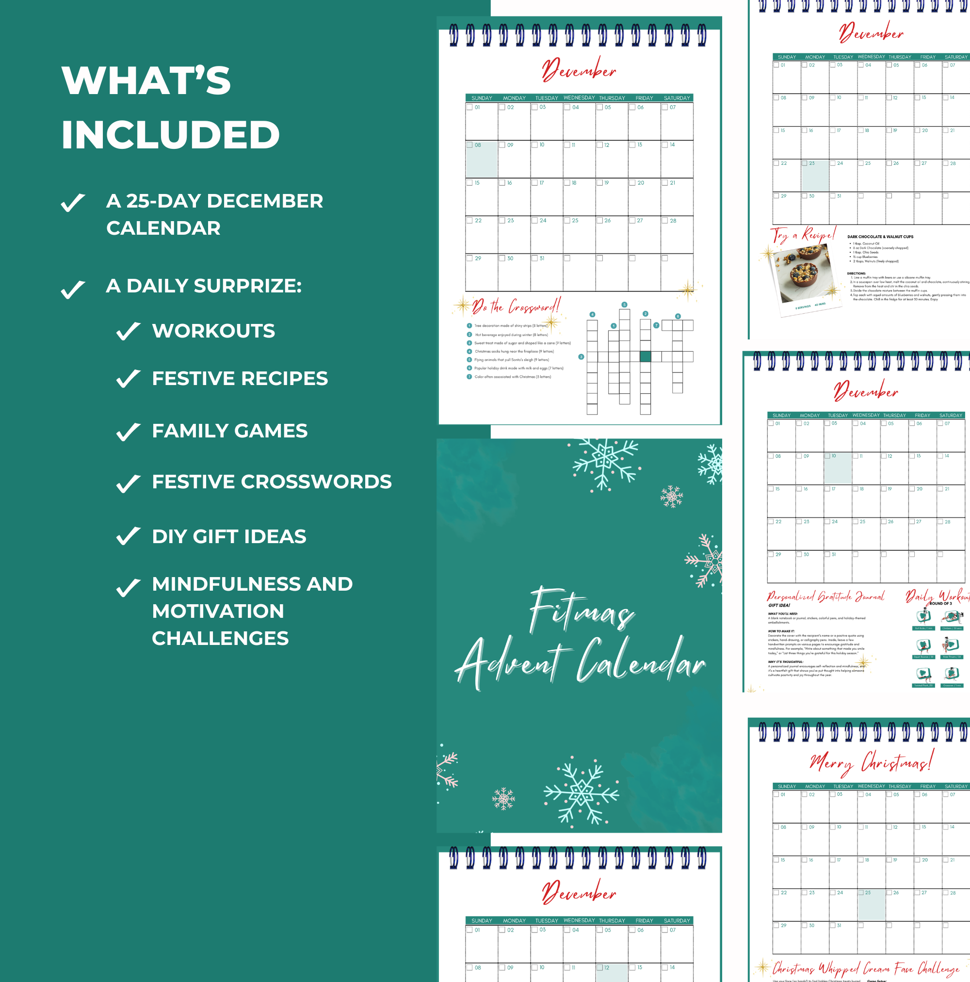 Preview of whats inside the Fitmas Advent Calendar, PLR Digital Product, Canva eBook Template