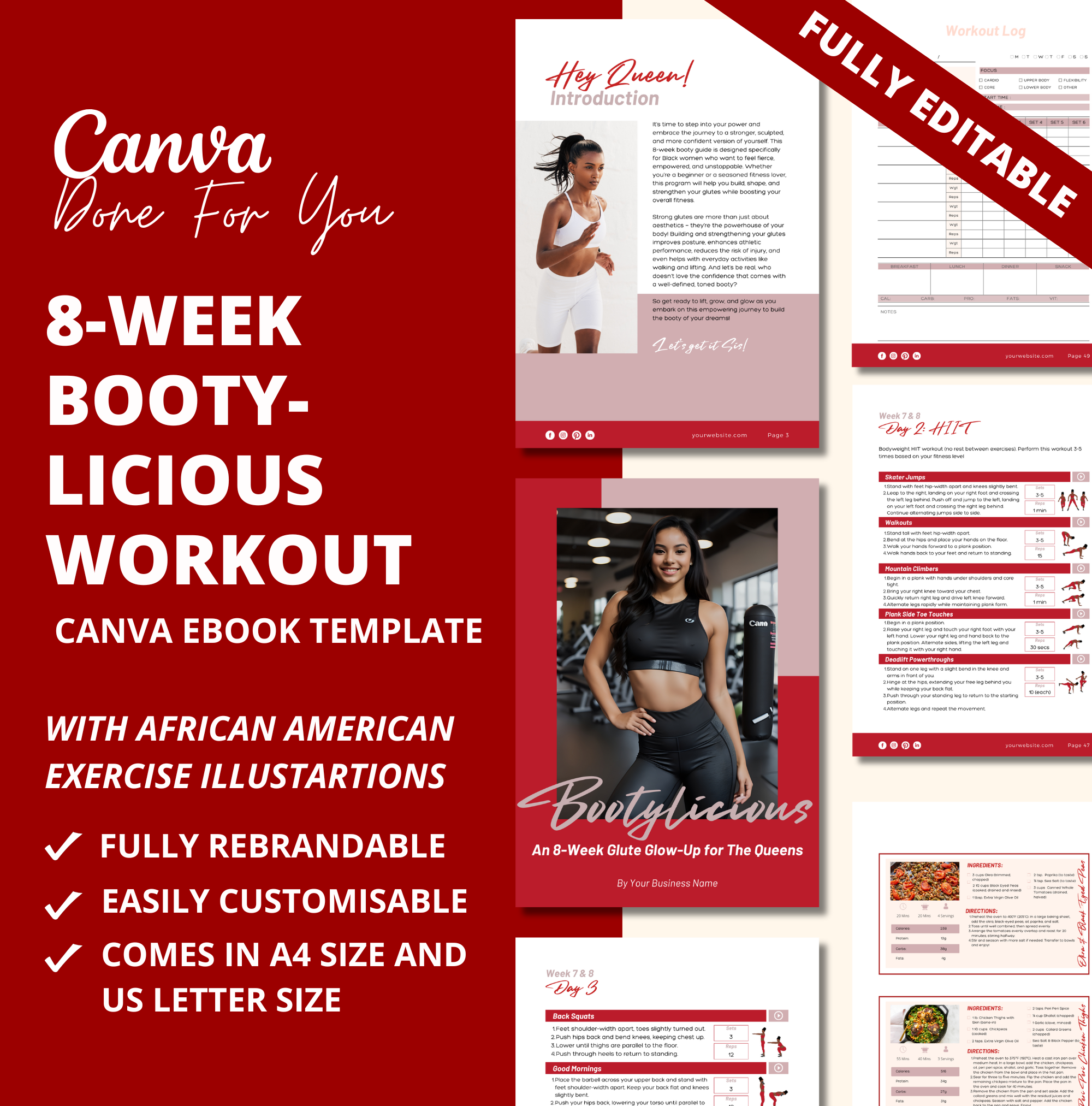 Red 8-Week Bootylicious Workout Program, PLR Digital Product, Canva eBook Template