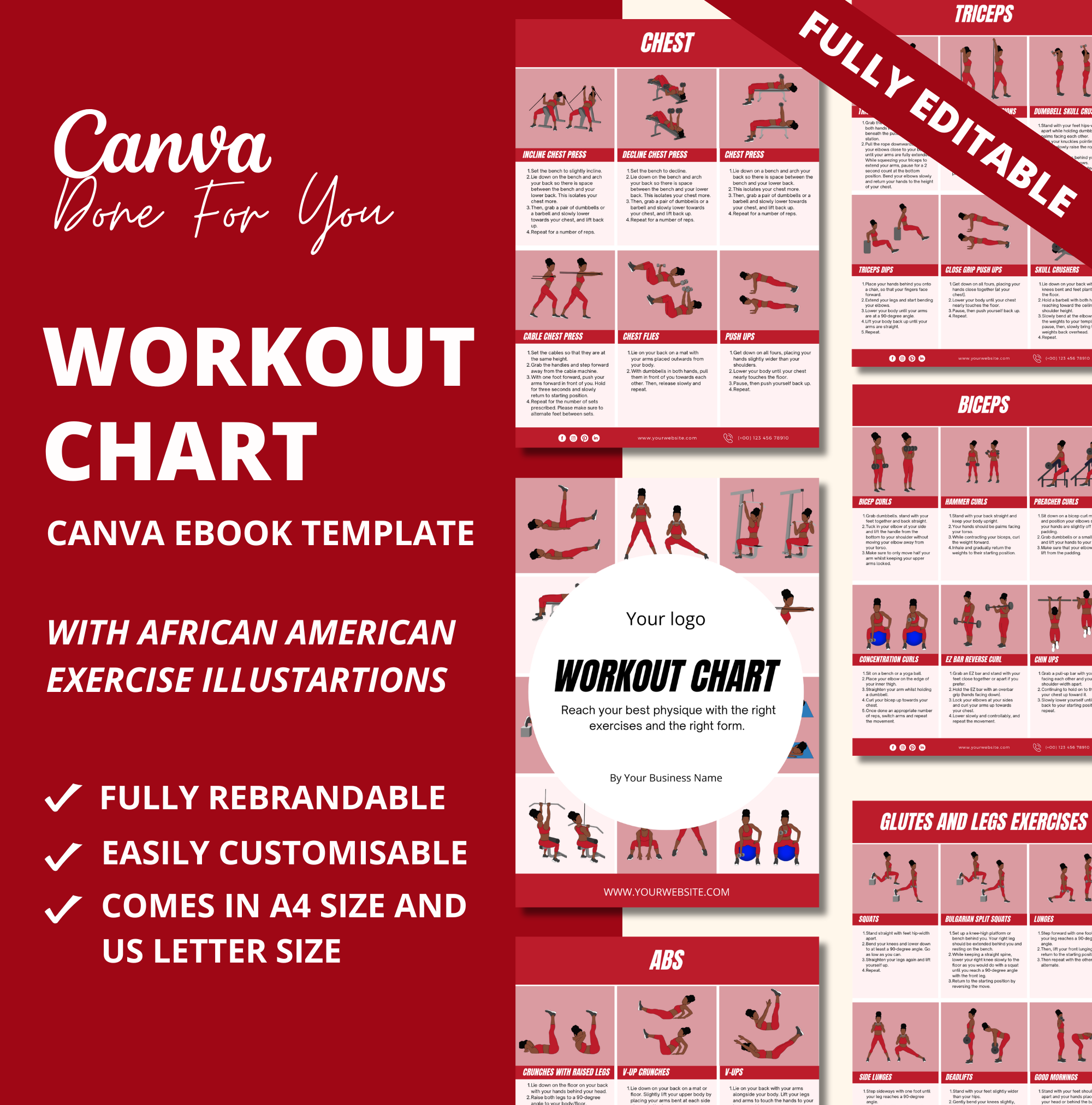 Red Workout Chart, Canva eBook Template, PLR Digital Product